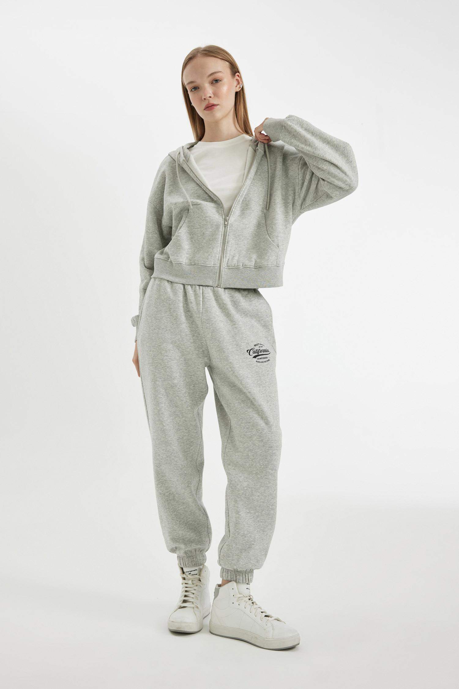 Jogger Eşofman Altı Baskılı Beli Paçası Lastikli Cepli Basic Düz