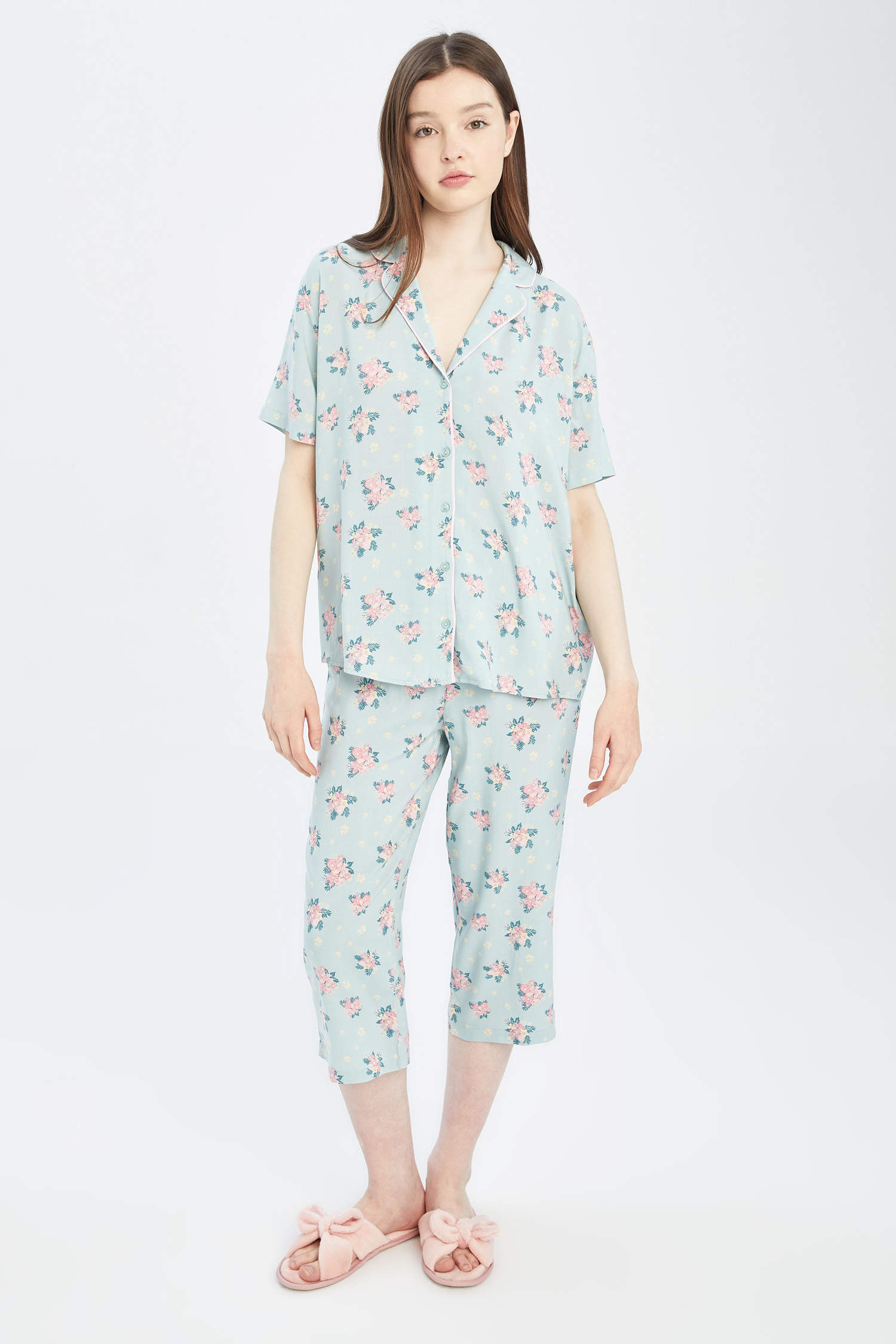 Turquoise Woman Regular Fit Short Sleeve Flowers Print Pyjama Top ...