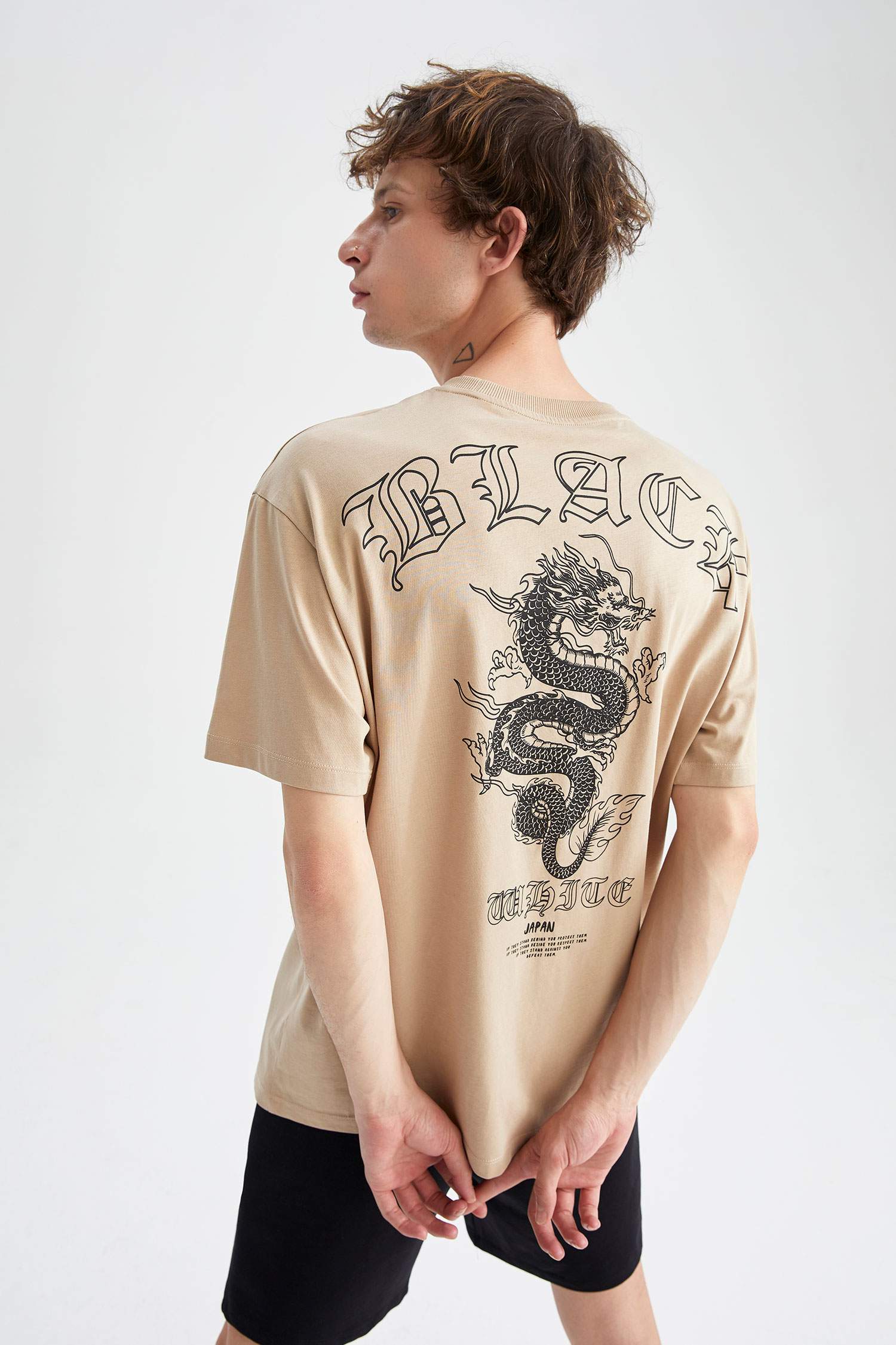 Boxy Fit Bisiklet Yaka Baskılı Pamuklu Penye Tişört