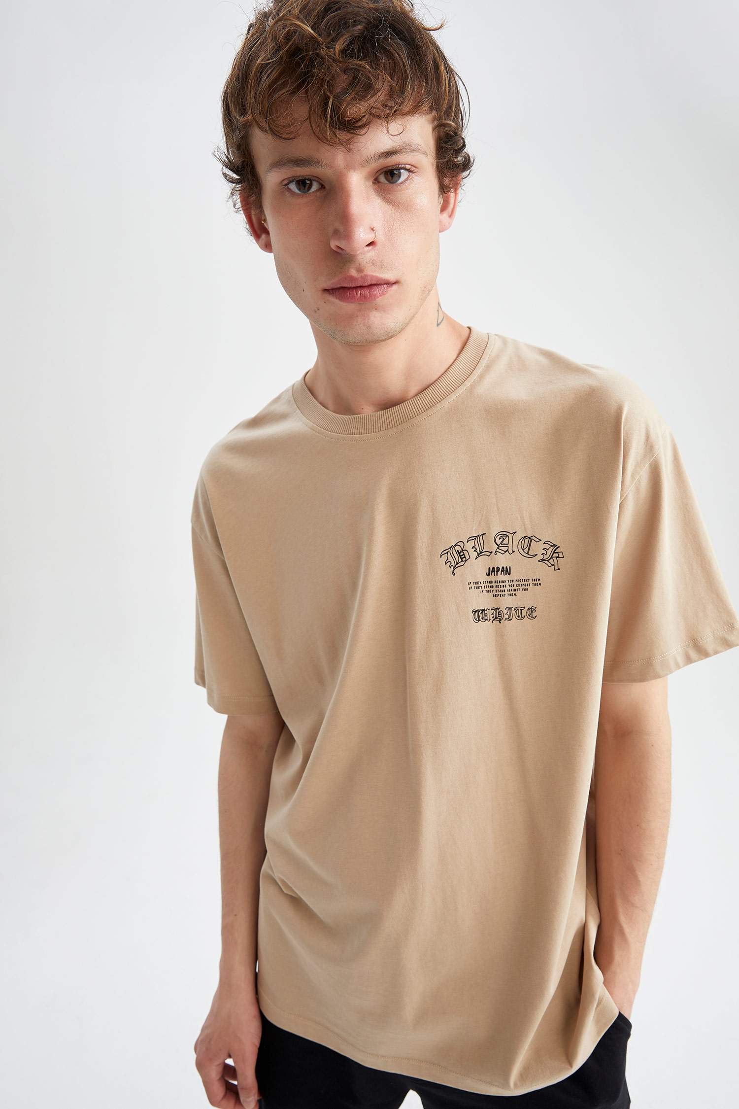 Boxy Fit Bisiklet Yaka Baskılı Pamuklu Penye Tişört