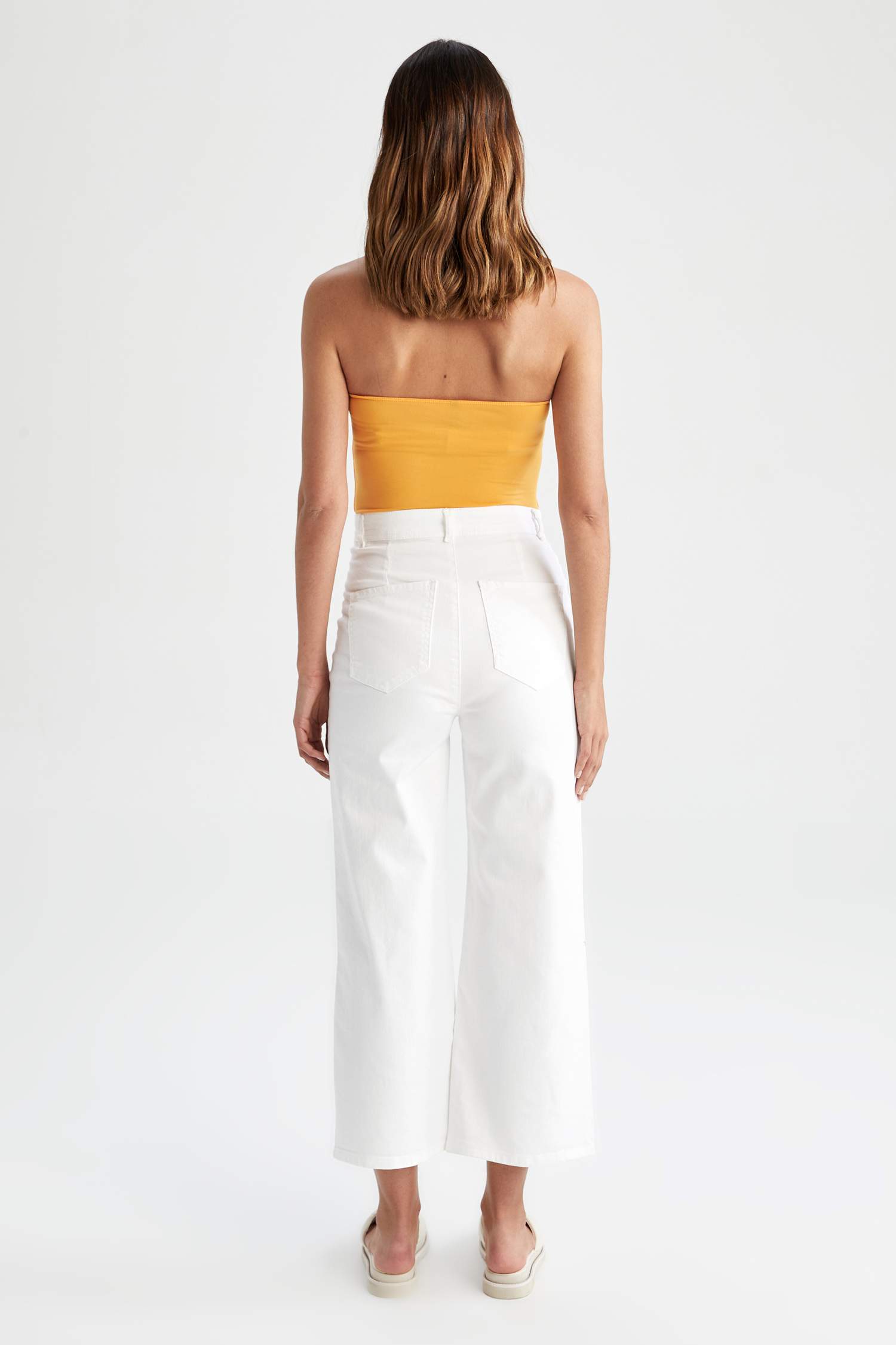 White WOMEN Crop Fit High Waist Short Wide Leg Gabardine Trousers