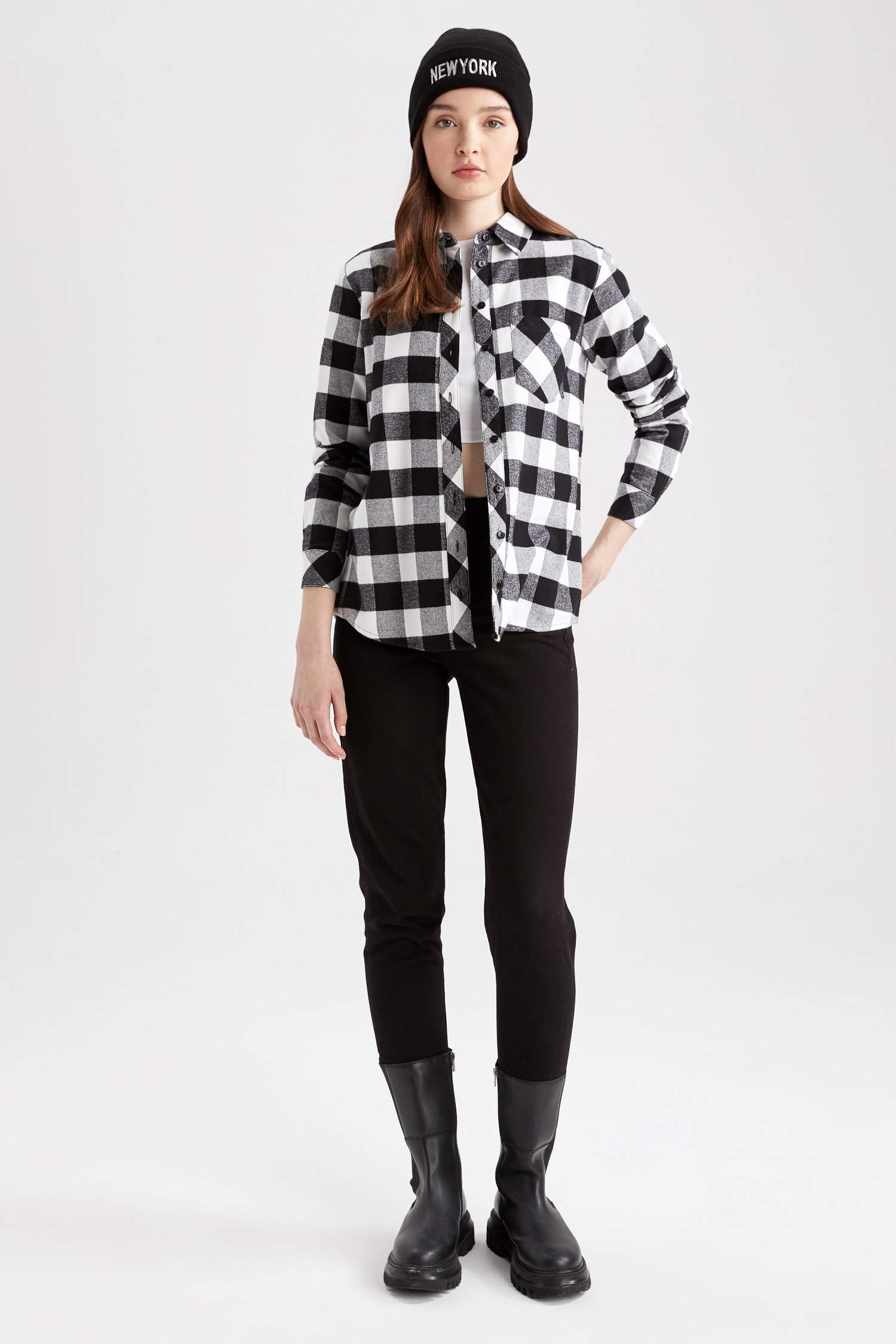 Regular Fit Shirt Collar Gingham Flannel Long Sleeve Shirt