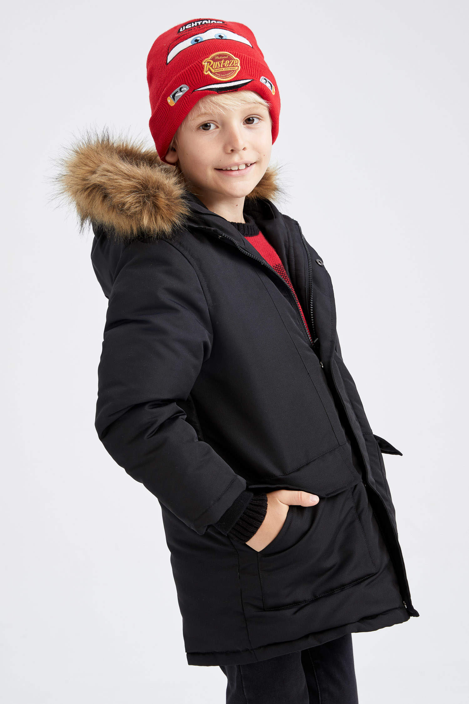 Black BOYS & TEENS Hooded Fleece Lined Coat 2508612 | DeFacto