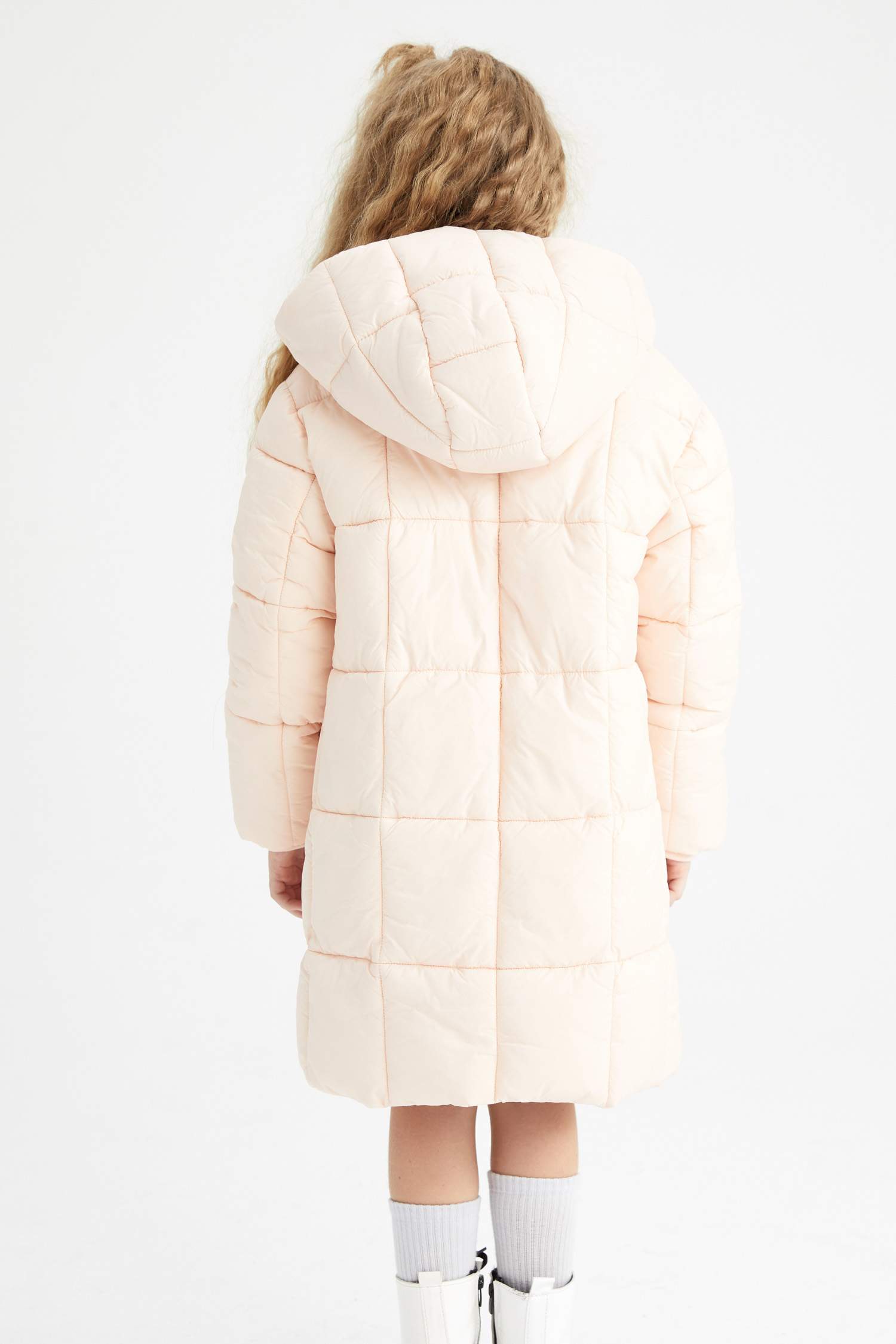 Kız Çocuk Polar Astarlı Kapüşonlu Uzun Kaban