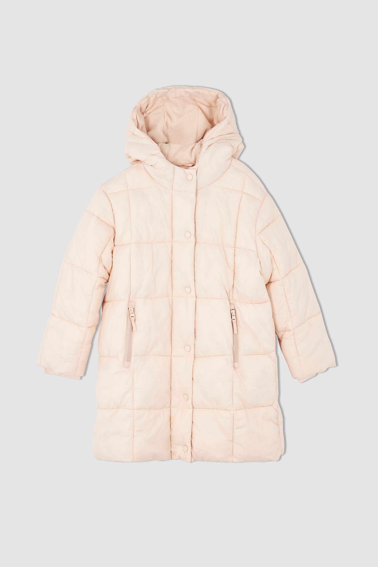 Kız Çocuk Polar Astarlı Kapüşonlu Uzun Kaban