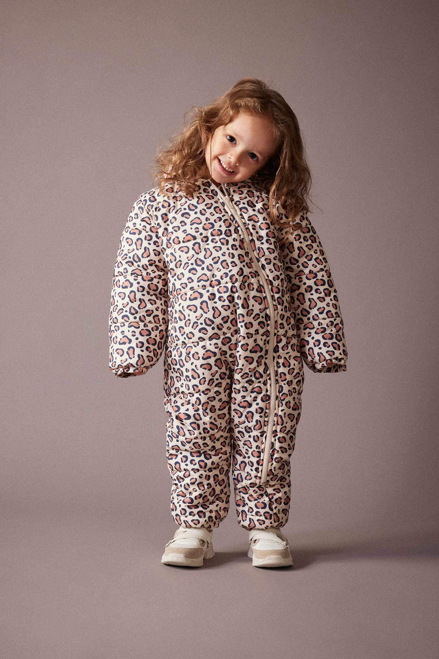 Girl Waterproof Patterned Hooded Puffer Jumpsuit Jacket