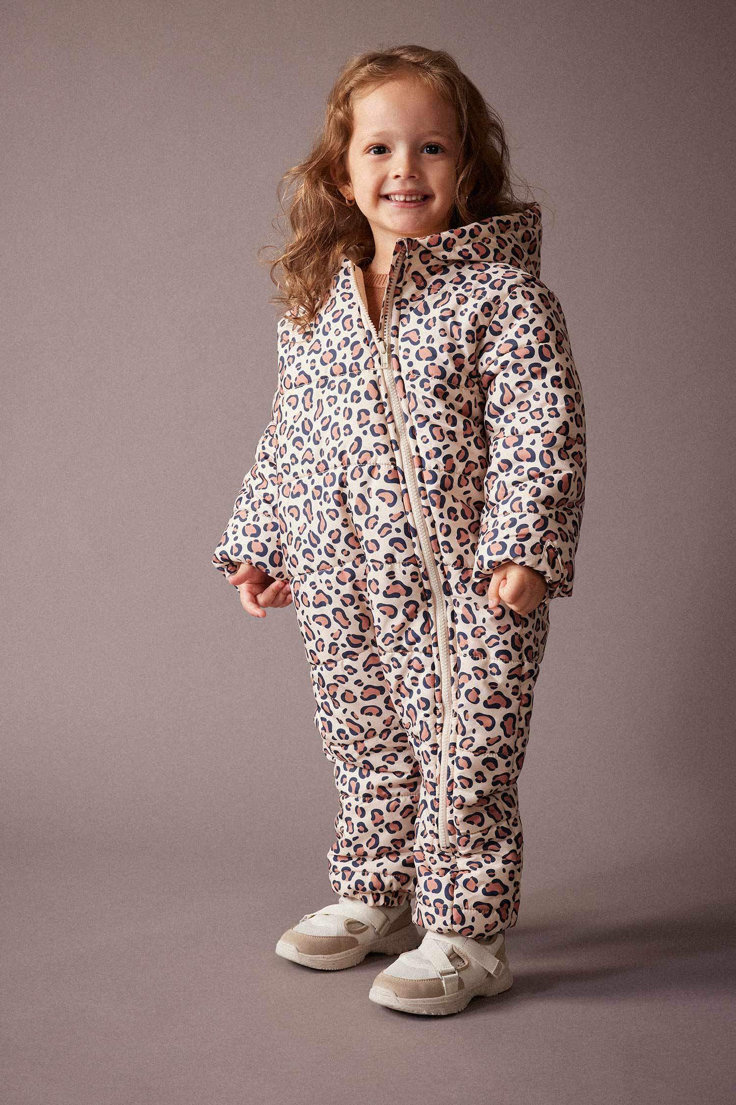 Girl Waterproof Patterned Hooded Puffer Jumpsuit Jacket