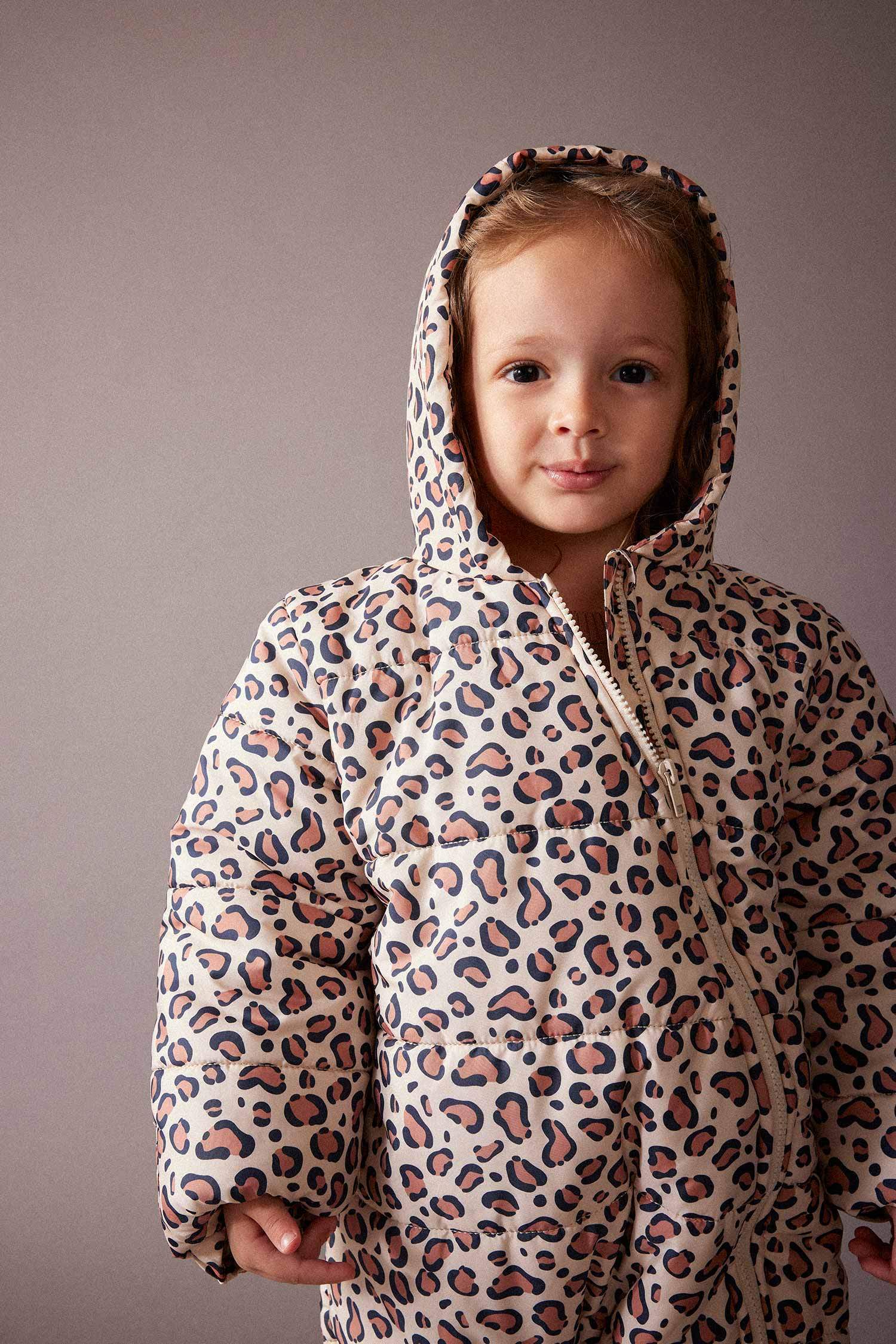 Girl Waterproof Patterned Hooded Puffer Jumpsuit Jacket