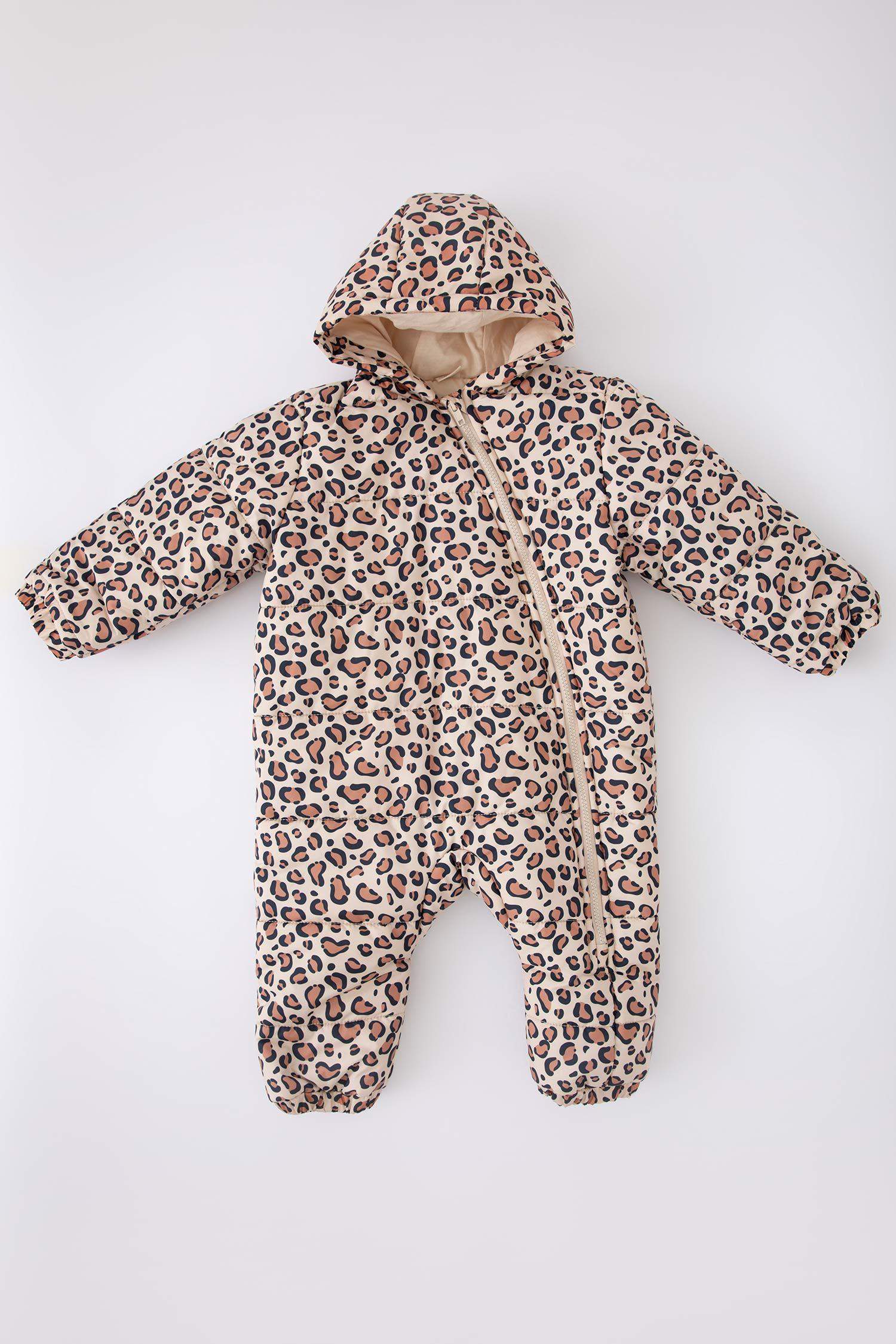 Girl Waterproof Patterned Hooded Puffer Jumpsuit Jacket