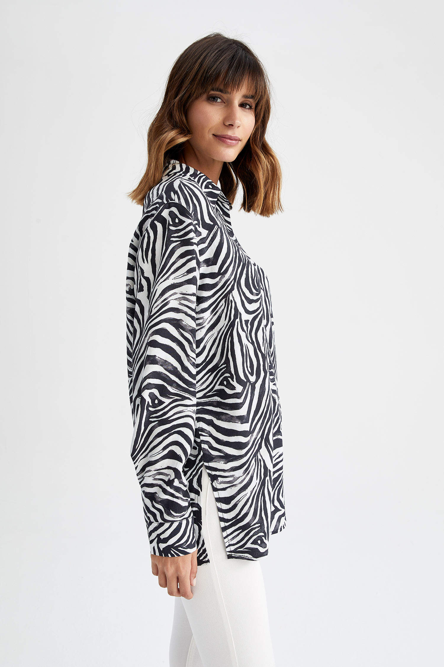 Defacto Oversize Fit Zebra Desenli Maroken Uzun Kollu Gömlek. 9
