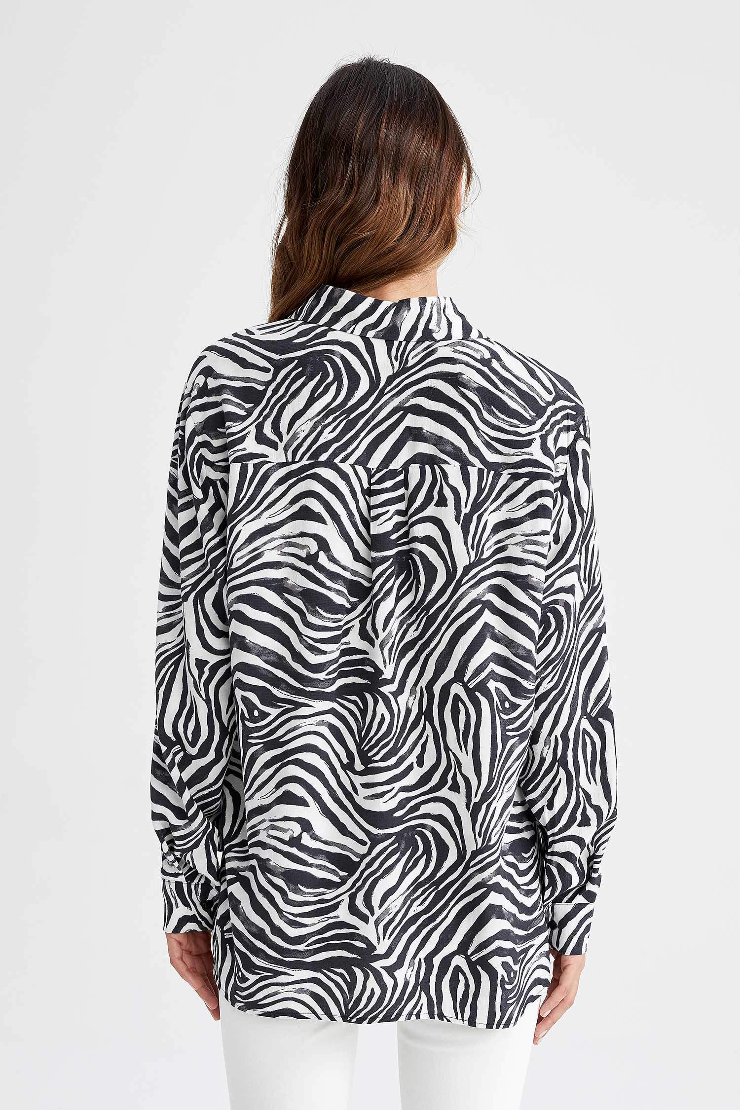 Defacto Oversize Fit Zebra Desenli Maroken Uzun Kollu Gömlek. 8