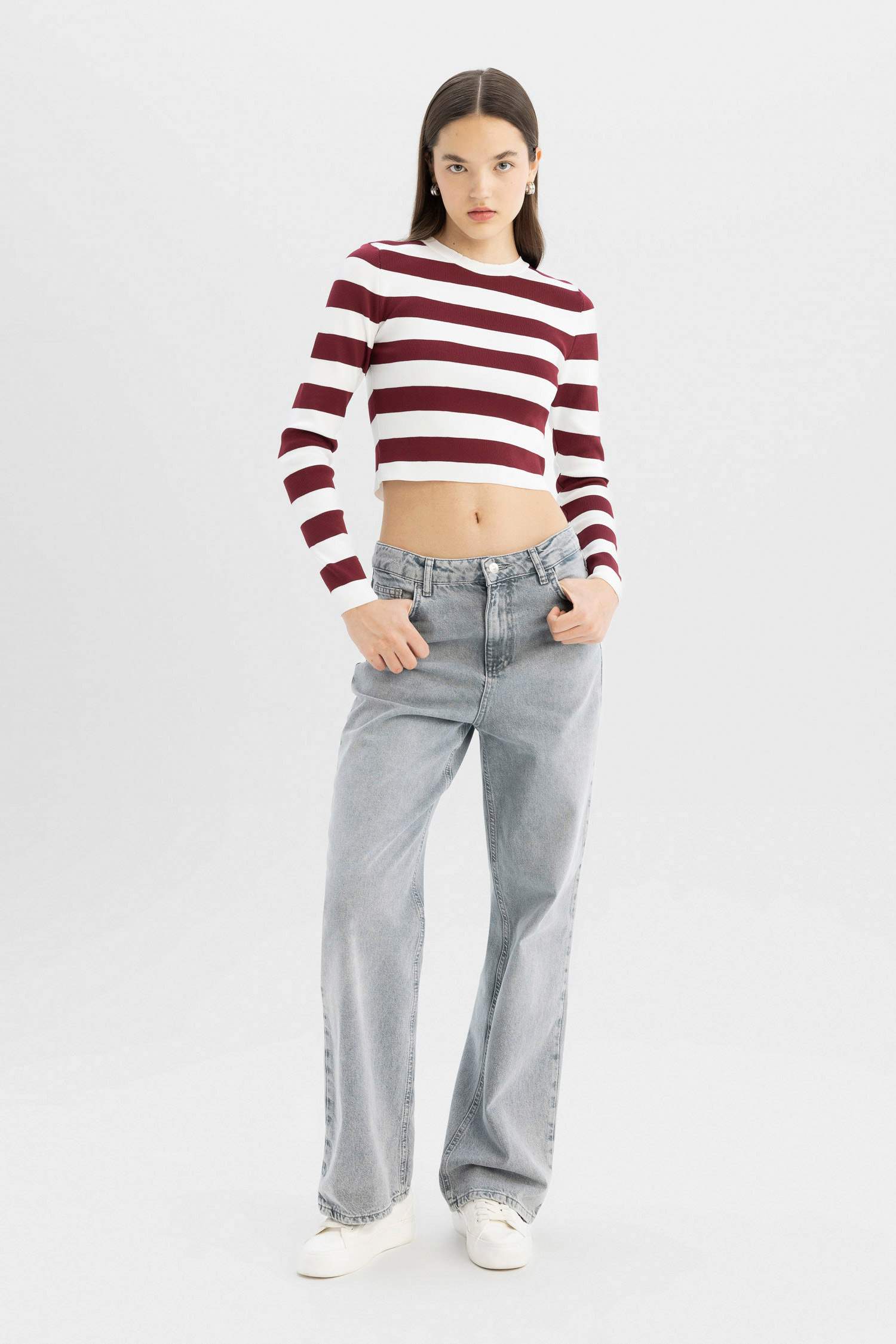 Coool Slim Fit Dar Kesim Çizgili Bisiklet Yaka Triko Kazak