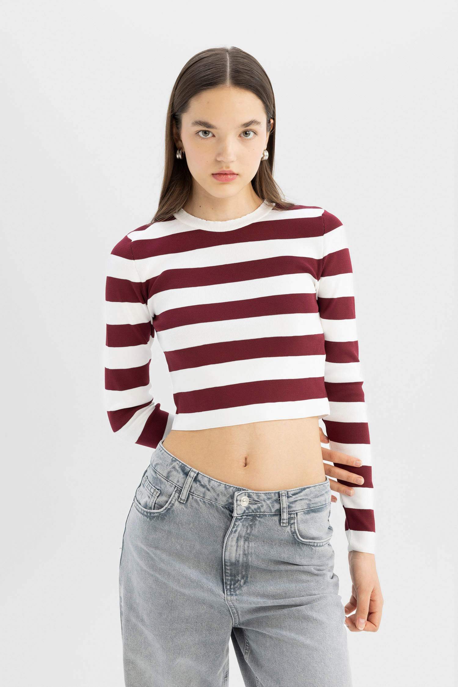 Coool Slim Fit Dar Kesim Çizgili Bisiklet Yaka Triko Kazak