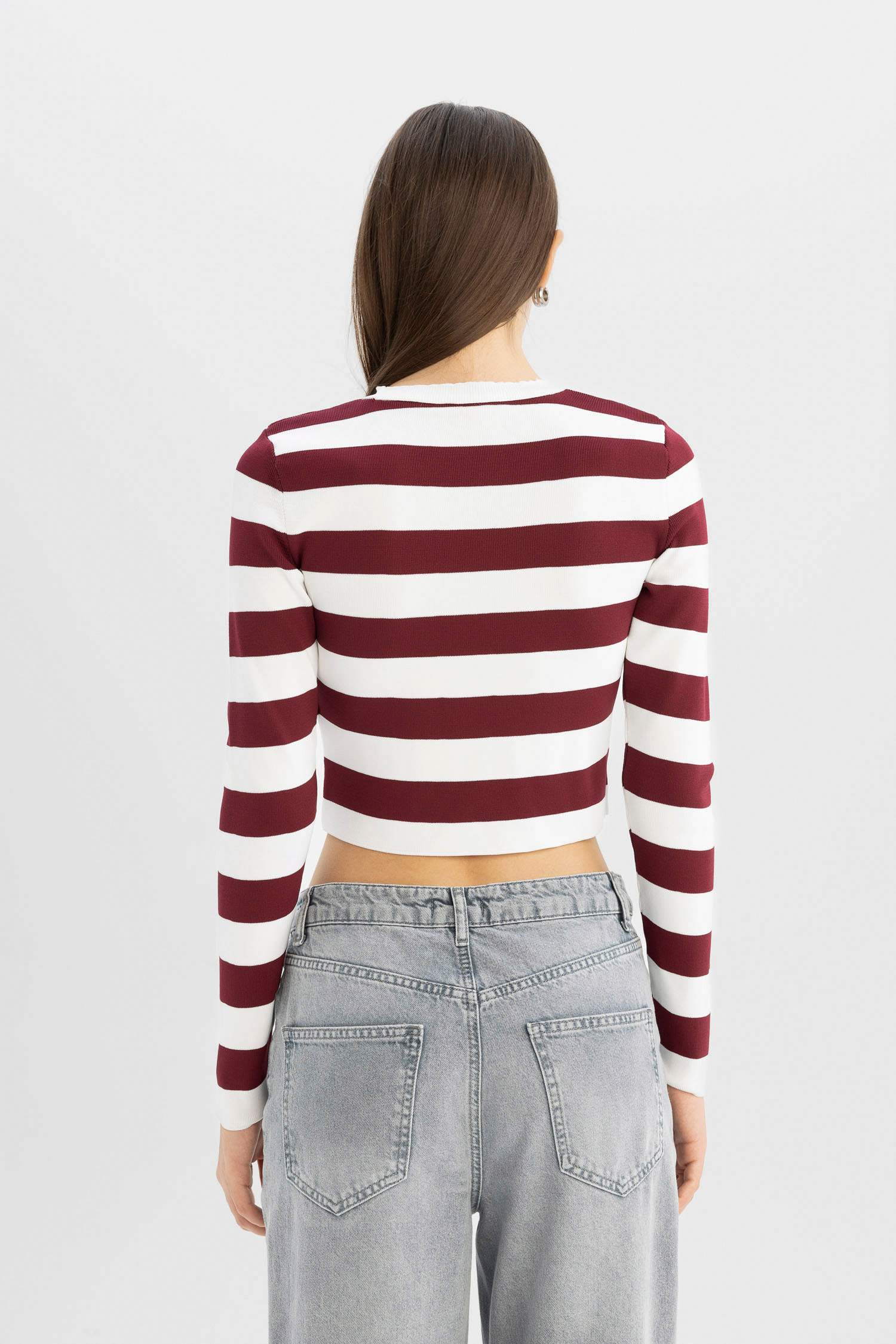 Coool Slim Fit Dar Kesim Çizgili Bisiklet Yaka Triko Kazak