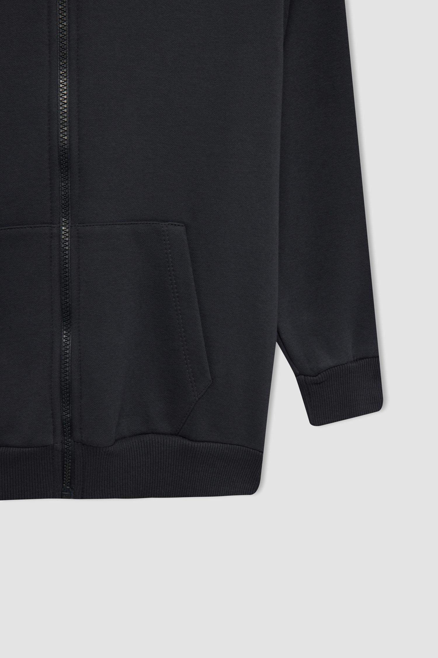 Erkek Çocuk Antrasit Basic Düz Kapüşonlu Fermuarlı Okul Hırkası