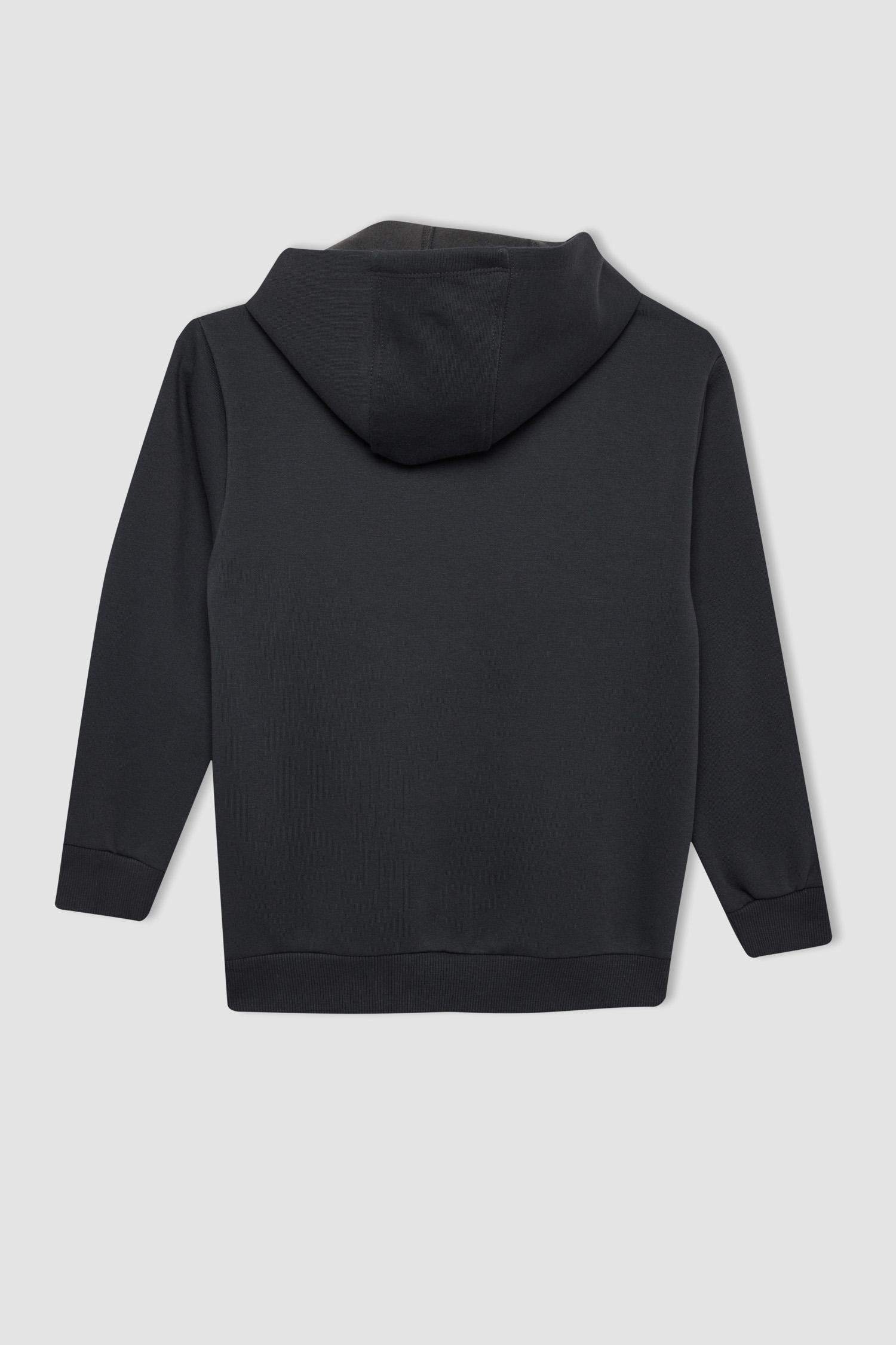 Erkek Çocuk Antrasit Basic Düz Kapüşonlu Fermuarlı Okul Hırkası