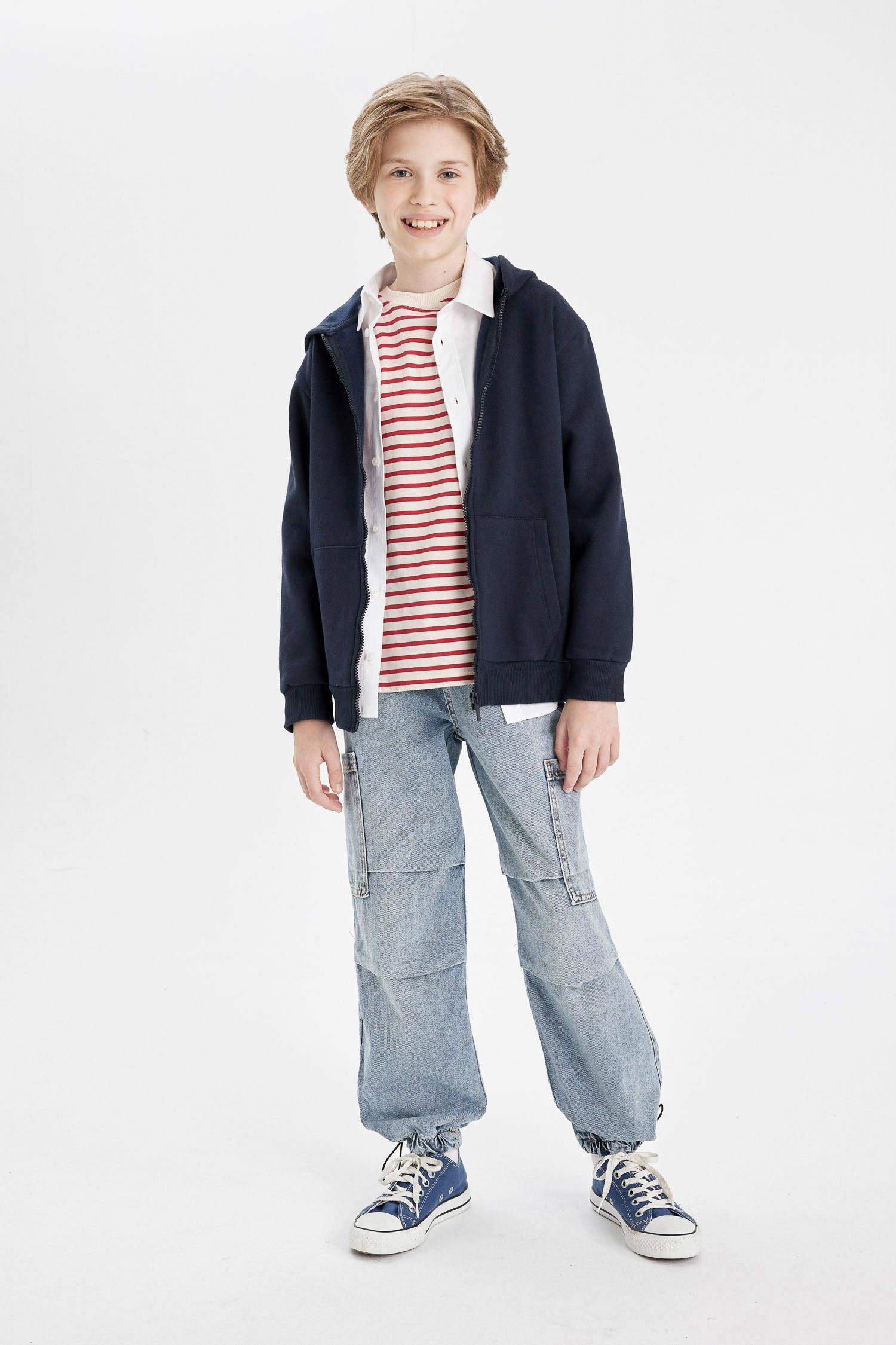 Boy Navy Hooded Zip School Cardigan