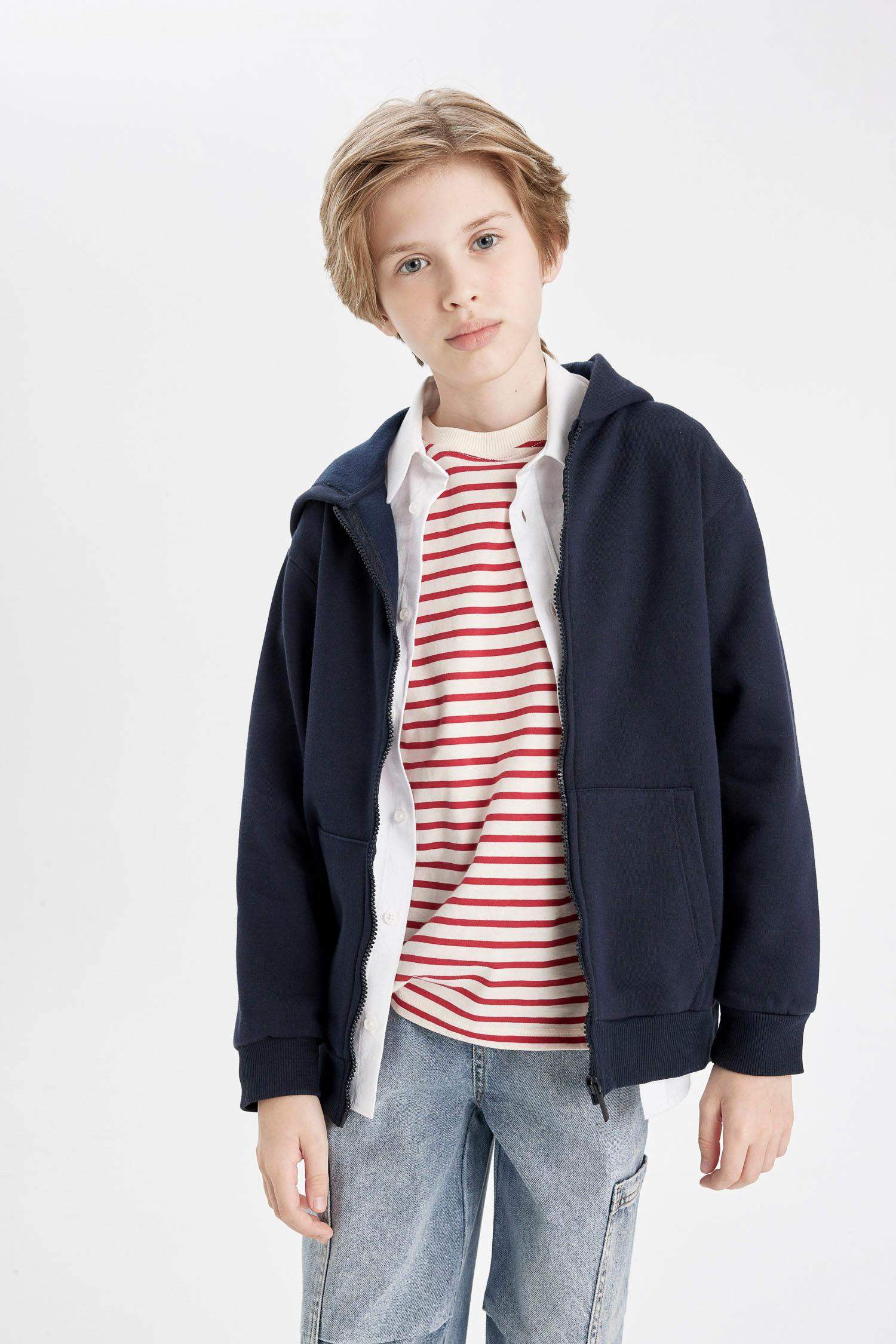 Boy Navy Hooded Zip School Cardigan