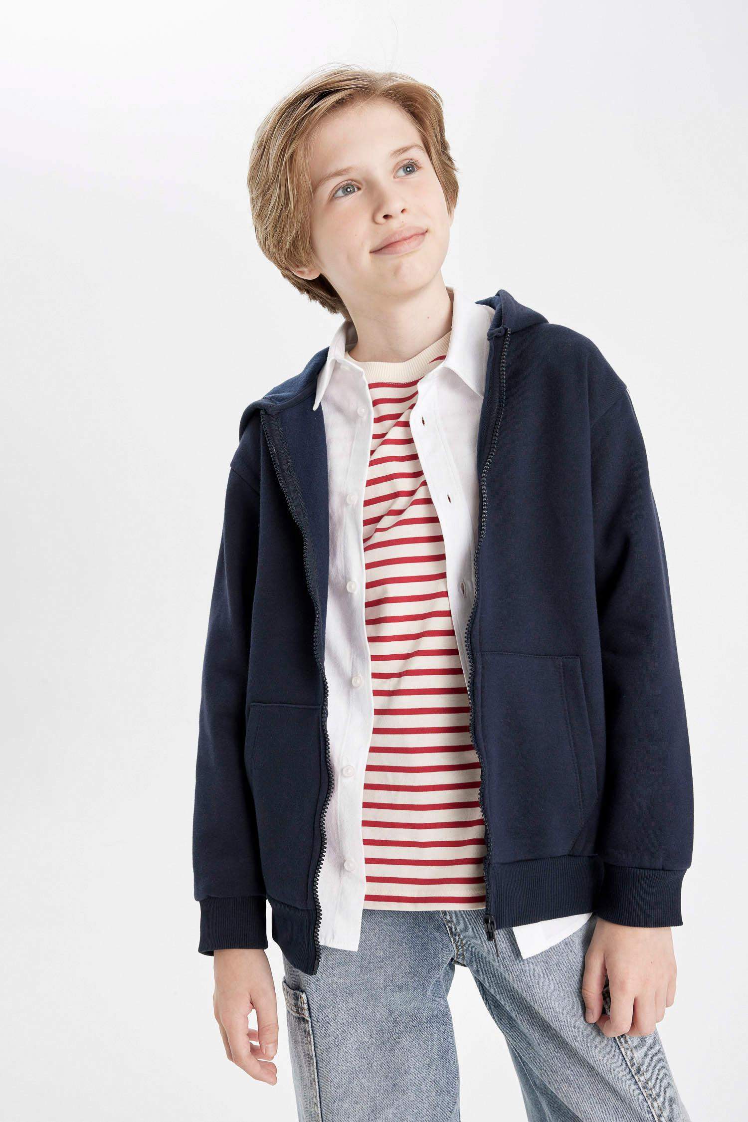Boy Navy Hooded Zip School Cardigan