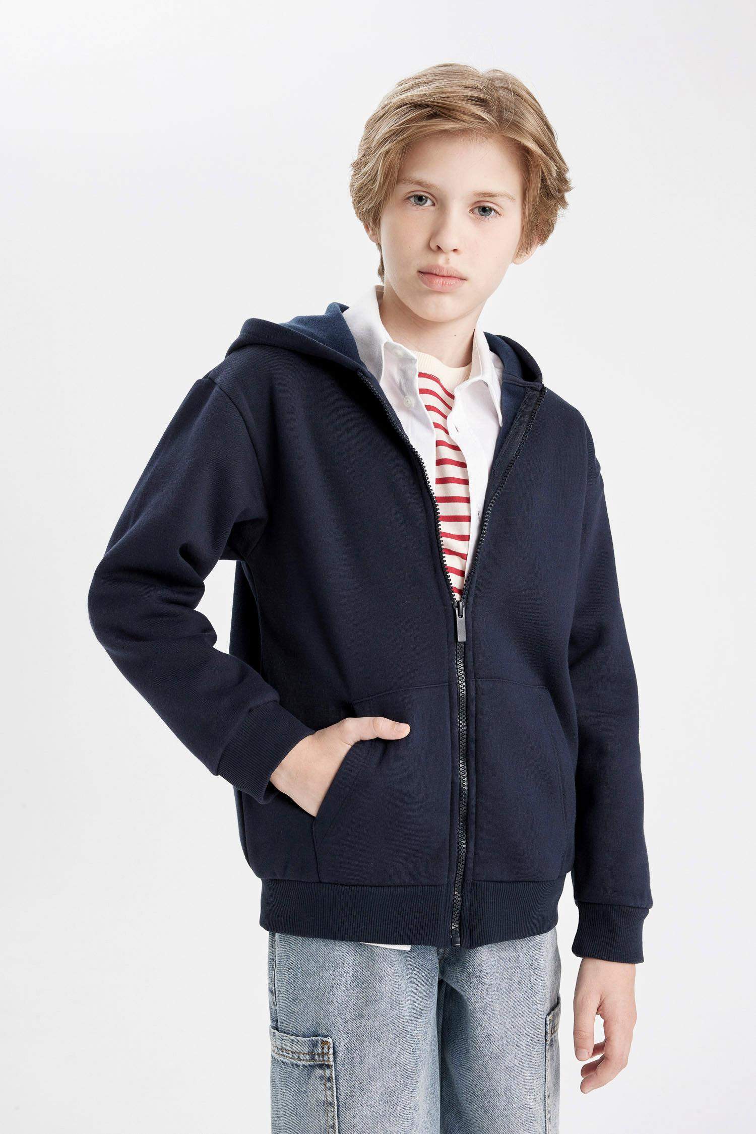 Boy Navy Hooded Zip School Cardigan