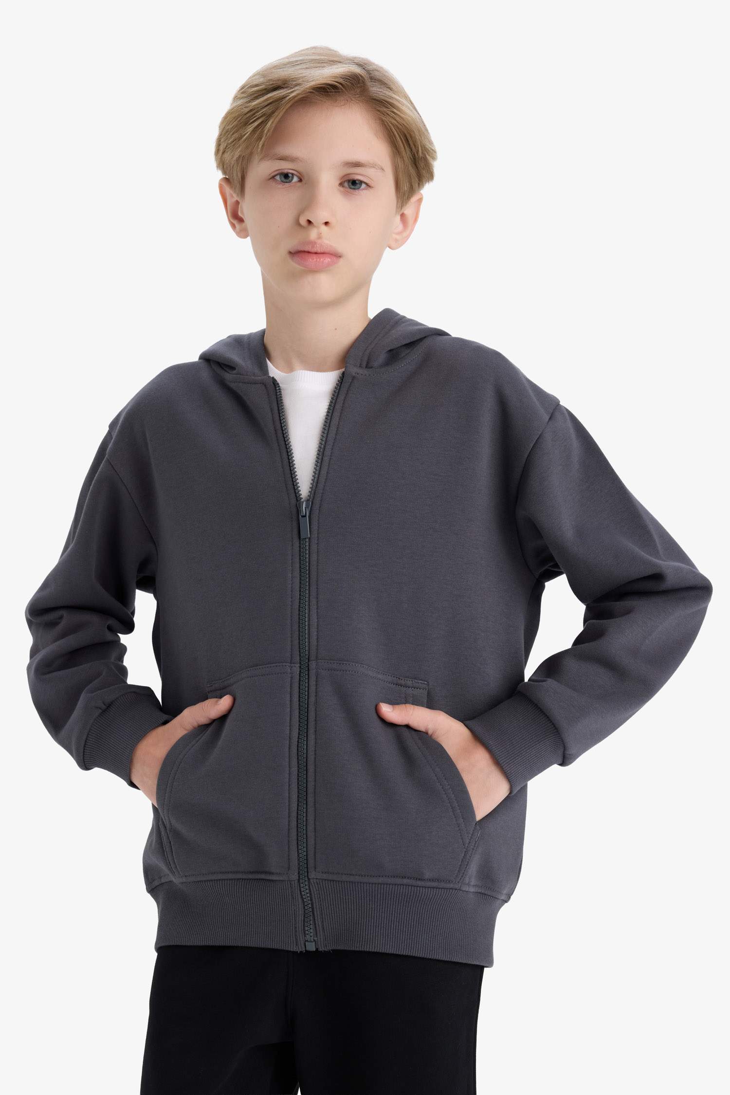 Erkek Çocuk Kapüşonlu Basic Düz Okul Fermuarlı Sweatshirt