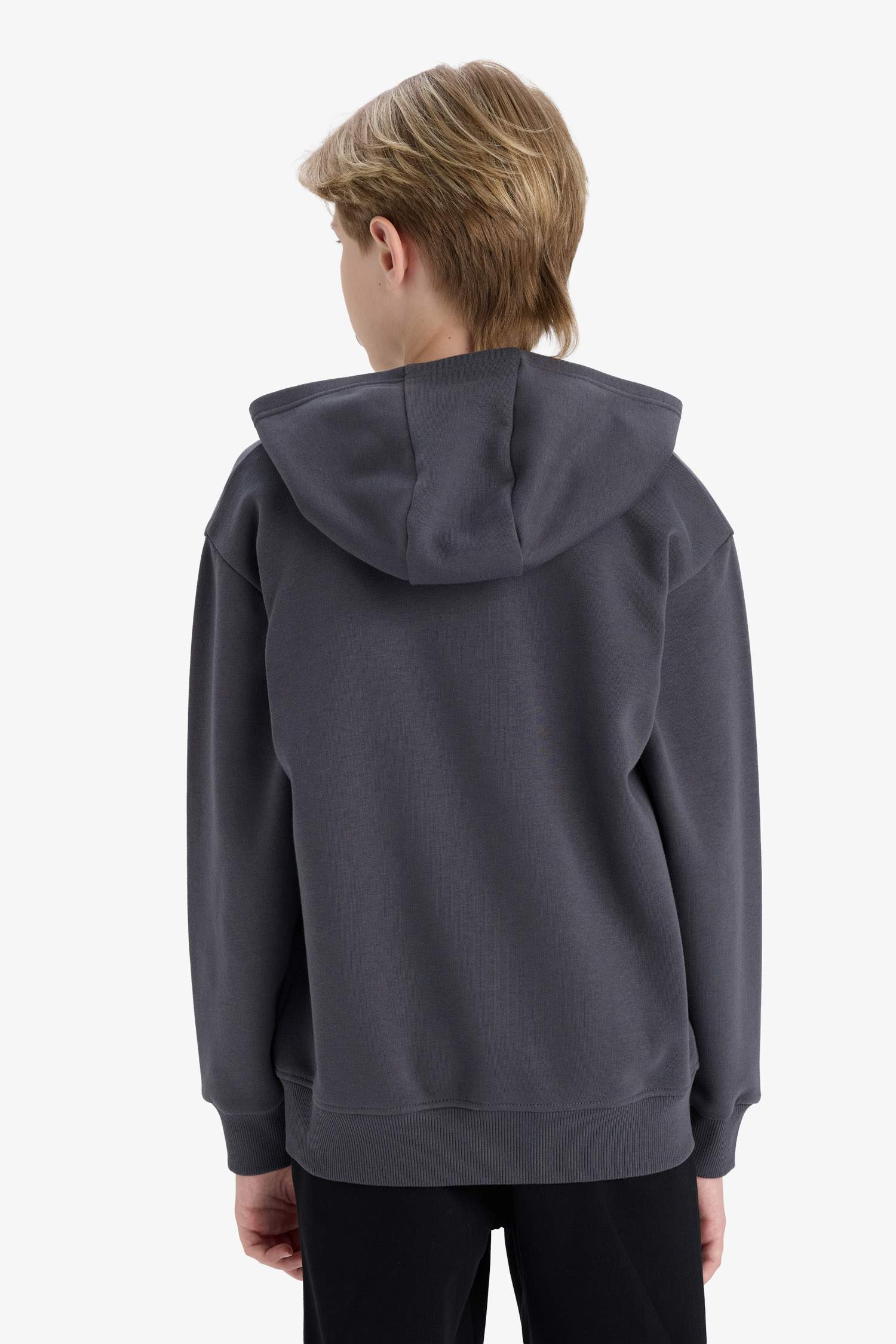 Erkek Çocuk Kapüşonlu Basic Düz Okul Fermuarlı Sweatshirt