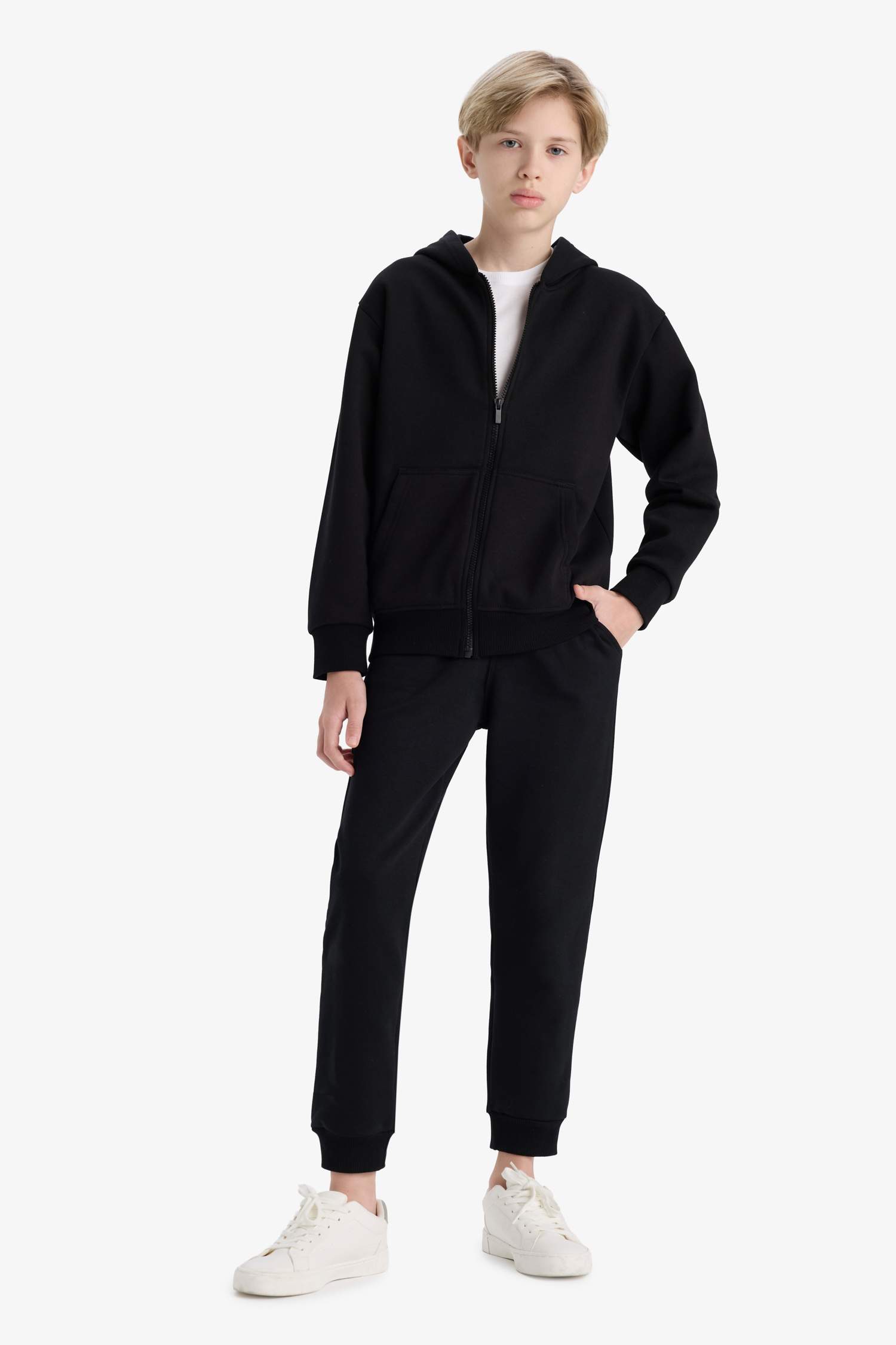 Erkek Çocuk Kapüşonlu Basic Düz Okul Fermuarlı Sweatshirt