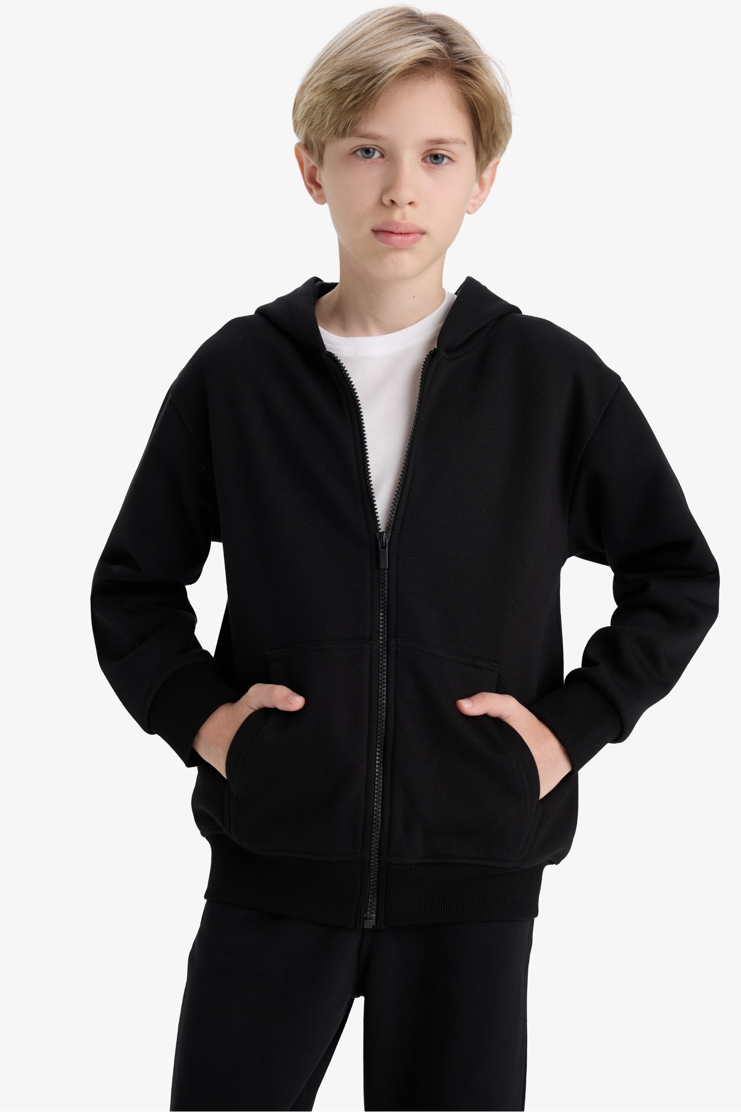 Erkek Çocuk Kapüşonlu Basic Düz Okul Fermuarlı Sweatshirt