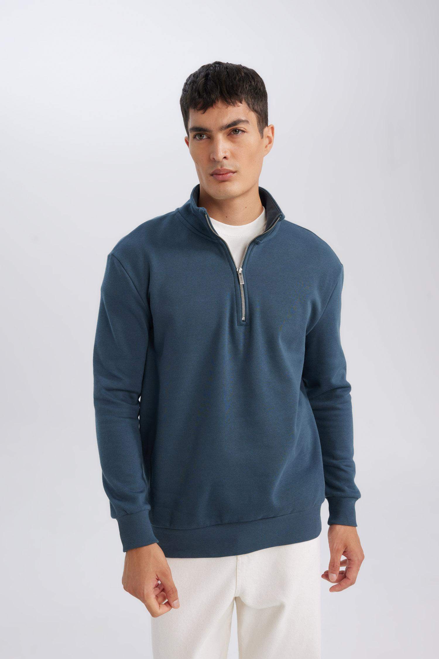 Comfort Regular Fit Rahat Kalıp Fermuarlı Dik Yaka Basic Düz Sweatshirt