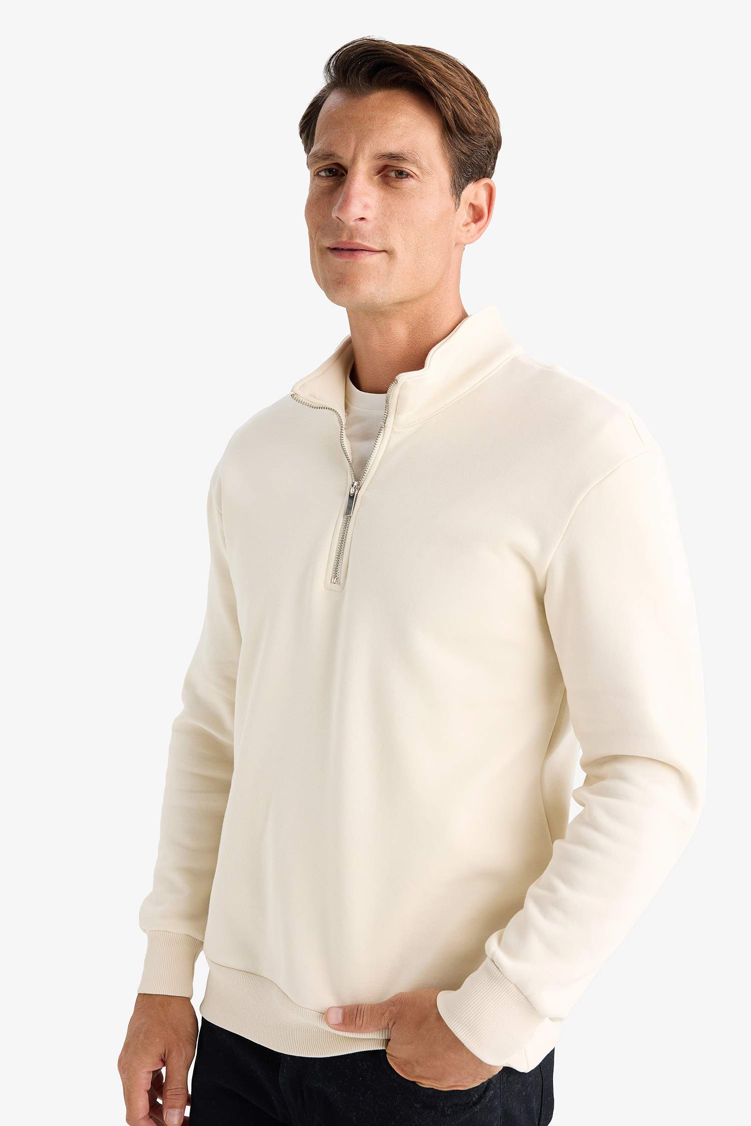 Comfort Regular Fit Rahat Kalıp Fermuarlı Dik Yaka Basic Düz Sweatshirt