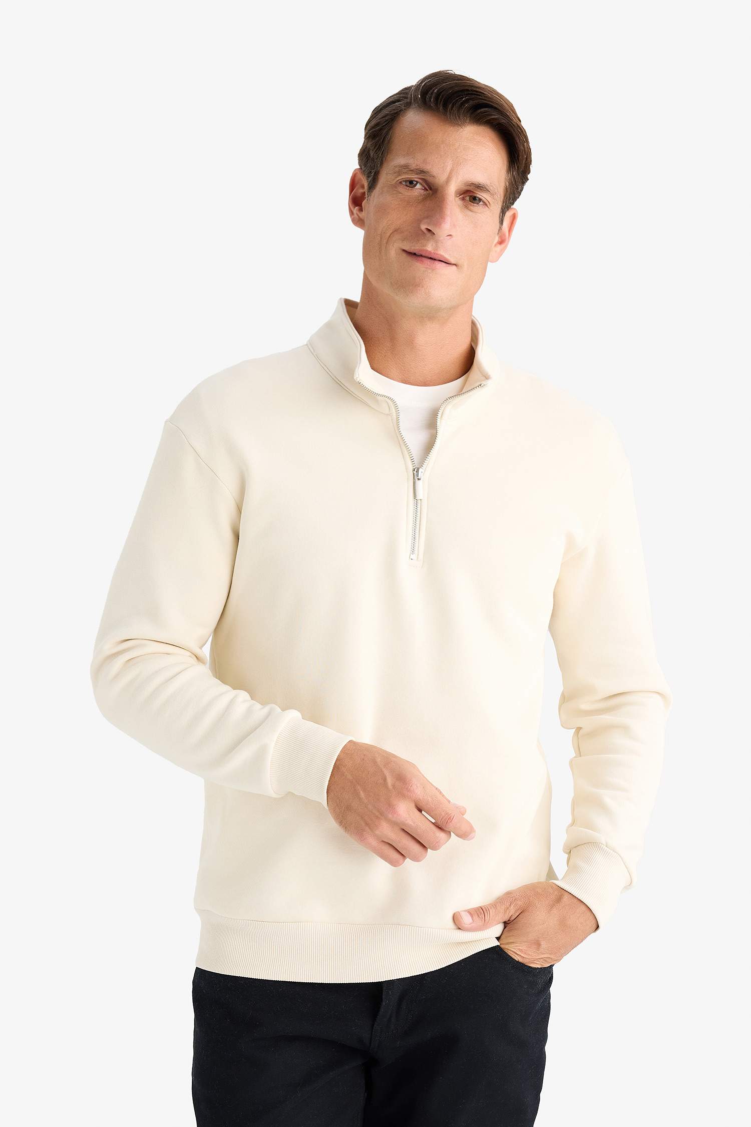 Comfort Regular Fit Rahat Kalıp Fermuarlı Dik Yaka Basic Düz Sweatshirt