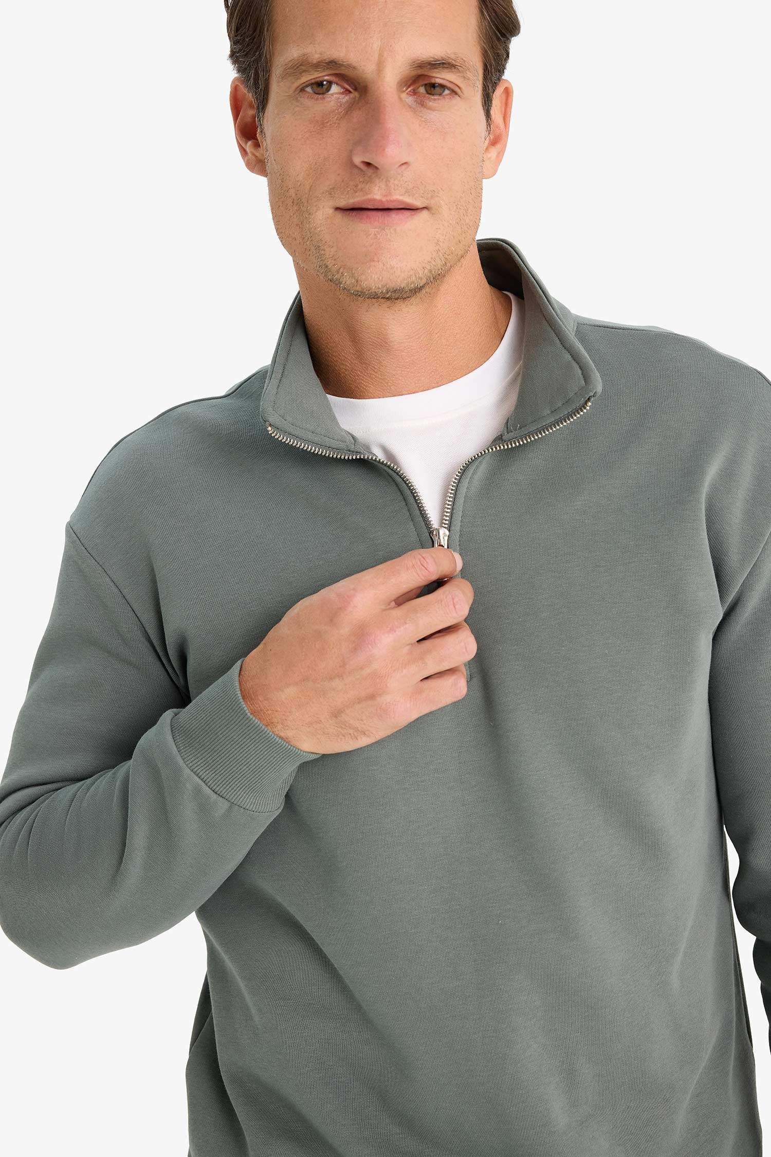 Comfort Regular Fit Rahat Kalıp Fermuarlı Dik Yaka Basic Düz Sweatshirt