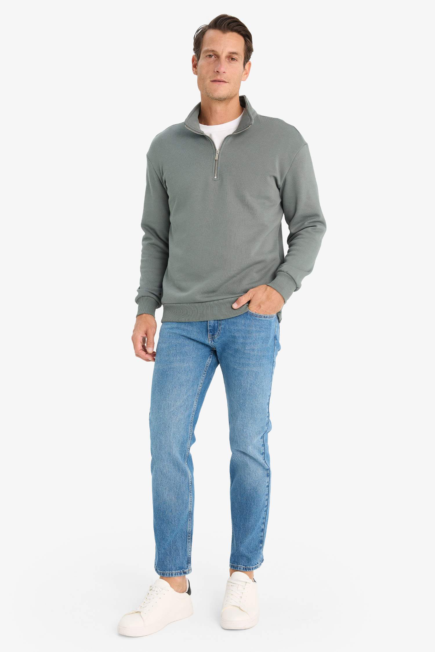 Comfort Regular Fit Rahat Kalıp Fermuarlı Dik Yaka Basic Düz Sweatshirt