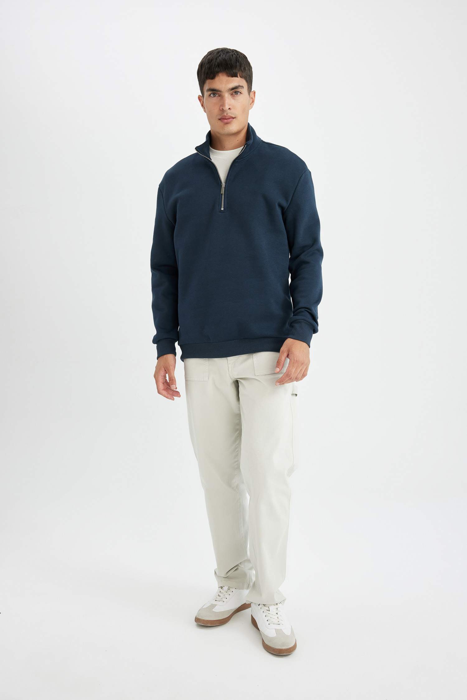 Comfort Regular Fit Rahat Kalıp Fermuarlı Dik Yaka Basic Düz Sweatshirt