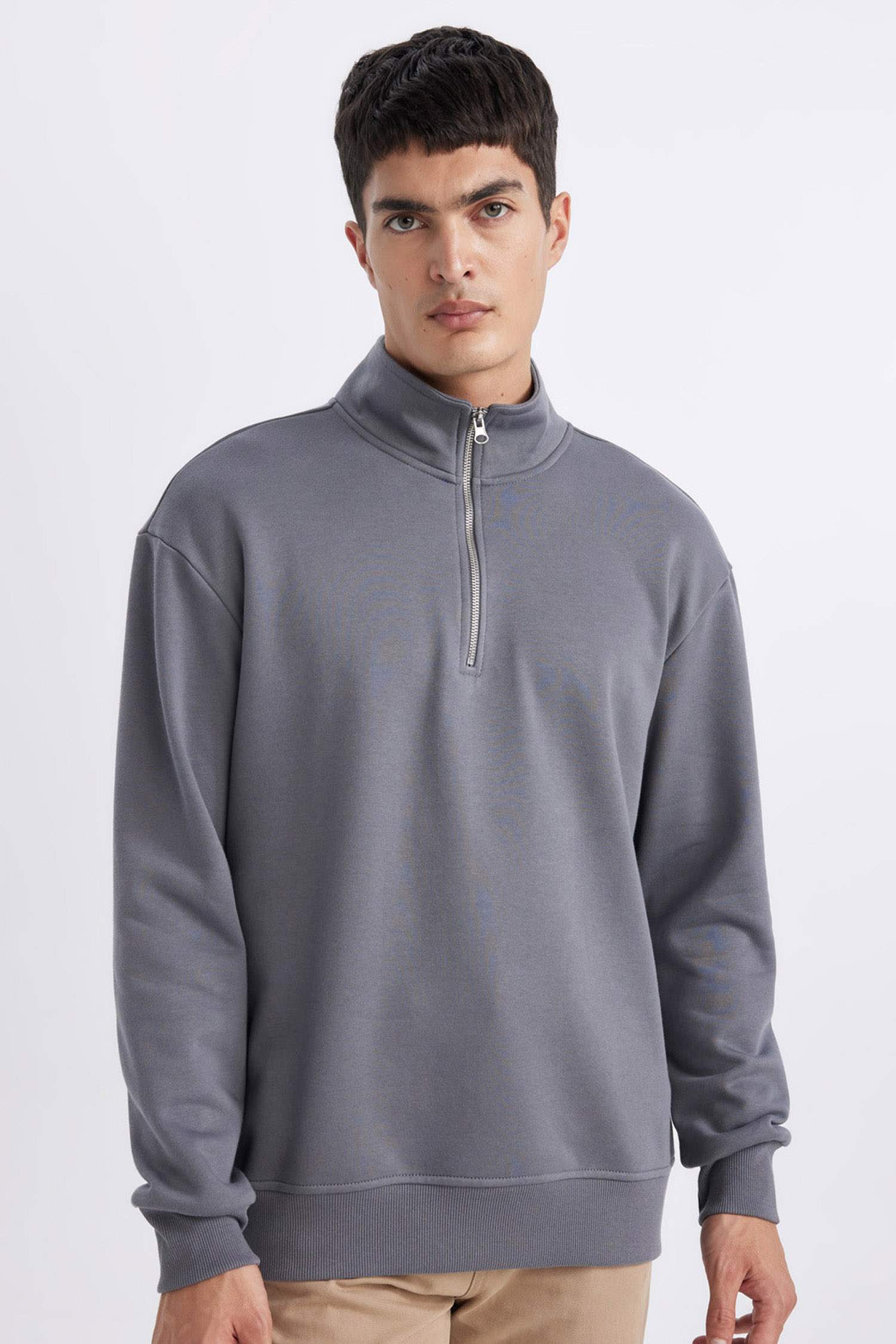 Comfort Regular Fit Rahat Kalıp Fermuarlı Dik Yaka Basic Düz Sweatshirt