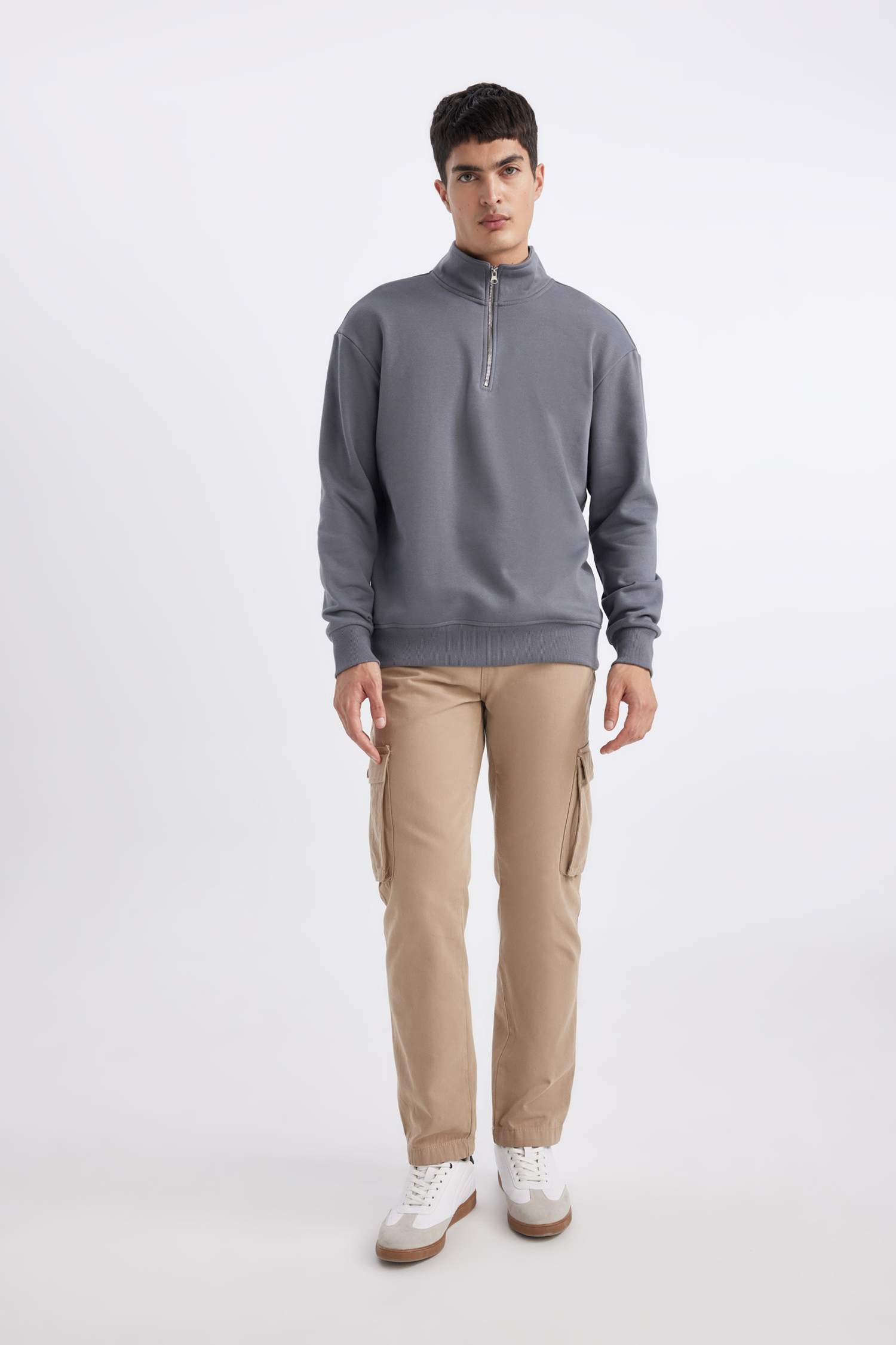 Comfort Regular Fit Rahat Kalıp Fermuarlı Dik Yaka Basic Düz Sweatshirt
