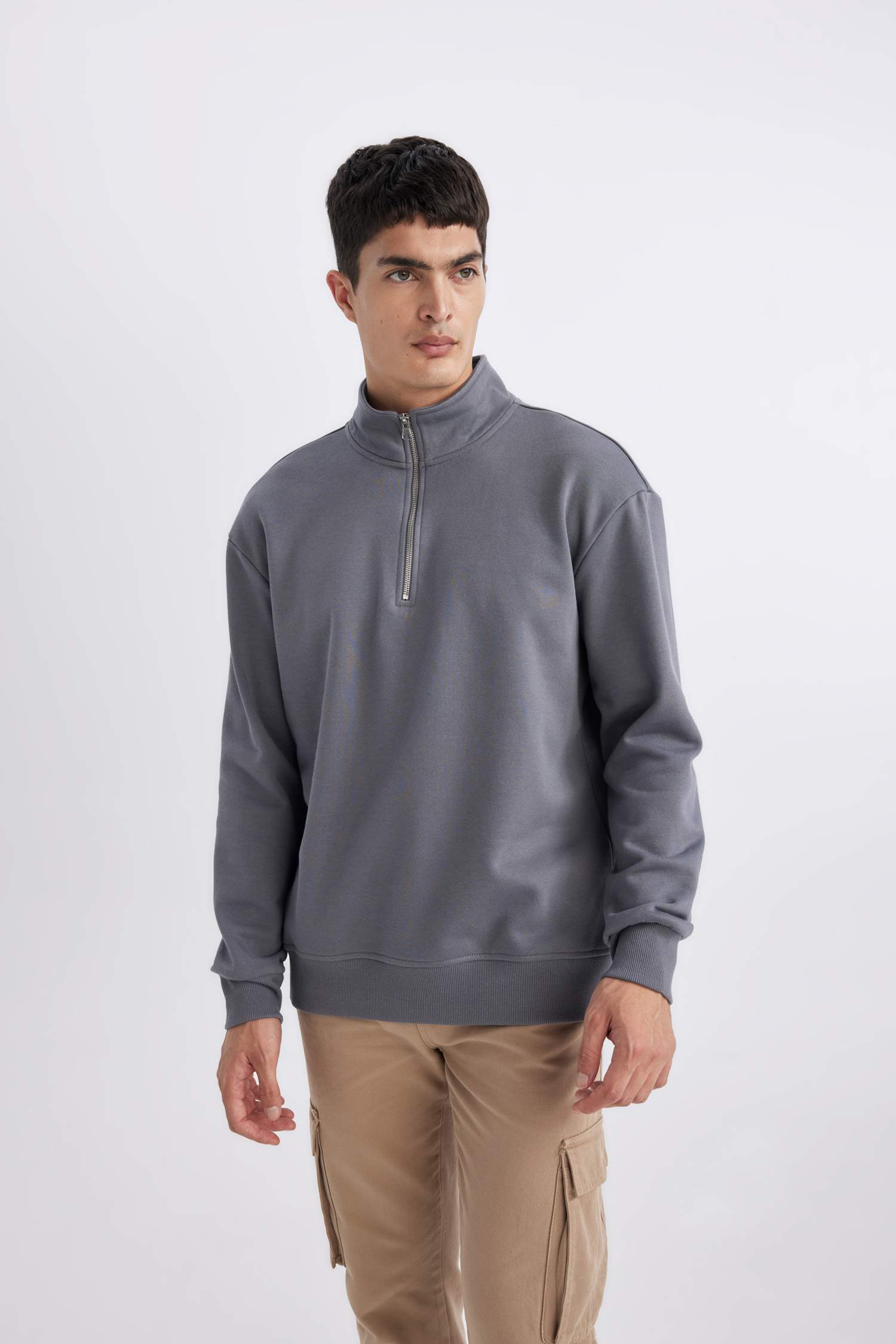 Comfort Regular Fit Rahat Kalıp Fermuarlı Dik Yaka Basic Düz Sweatshirt