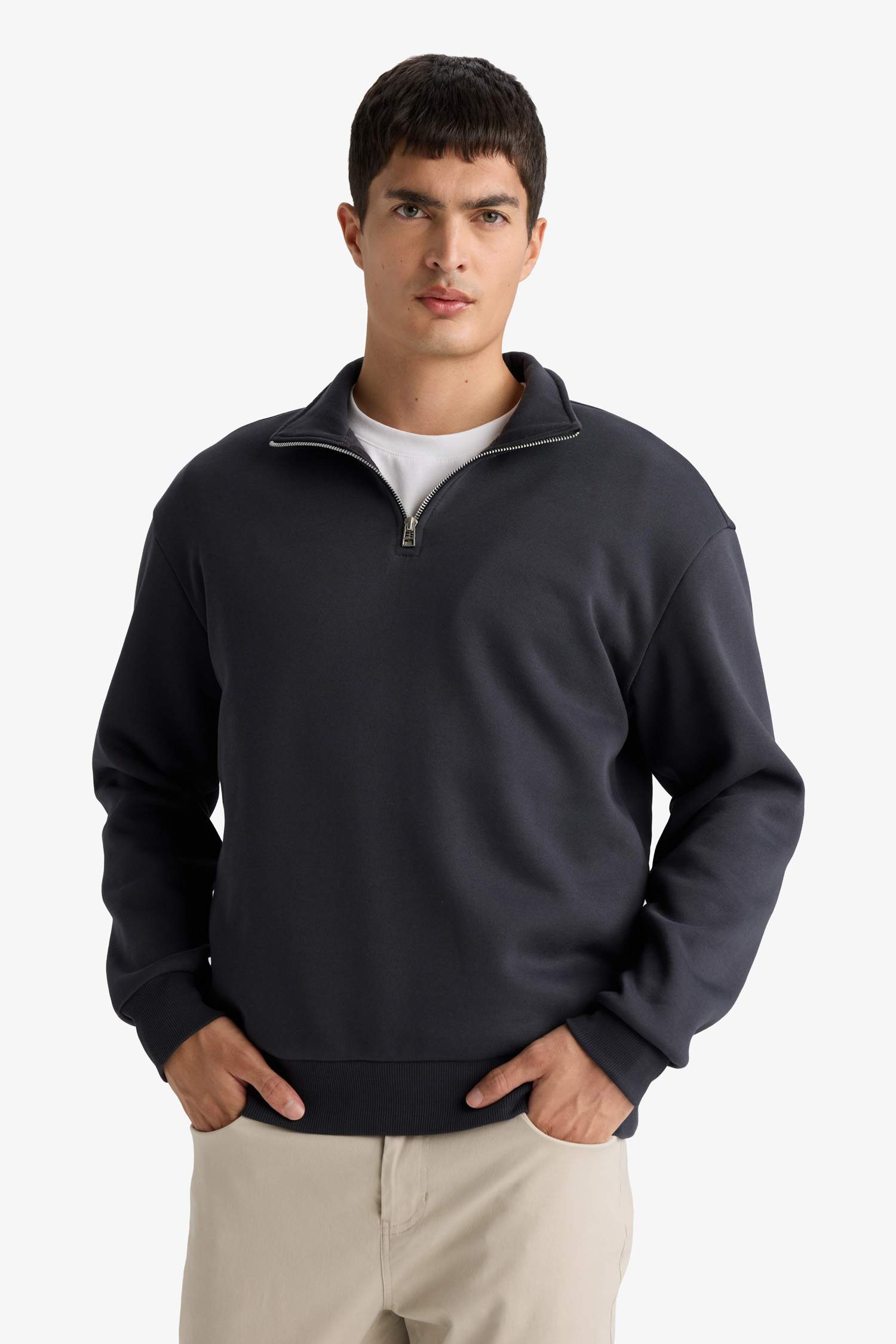 Comfort Regular Fit Rahat Kalıp Fermuarlı Dik Yaka Basic Düz Sweatshirt