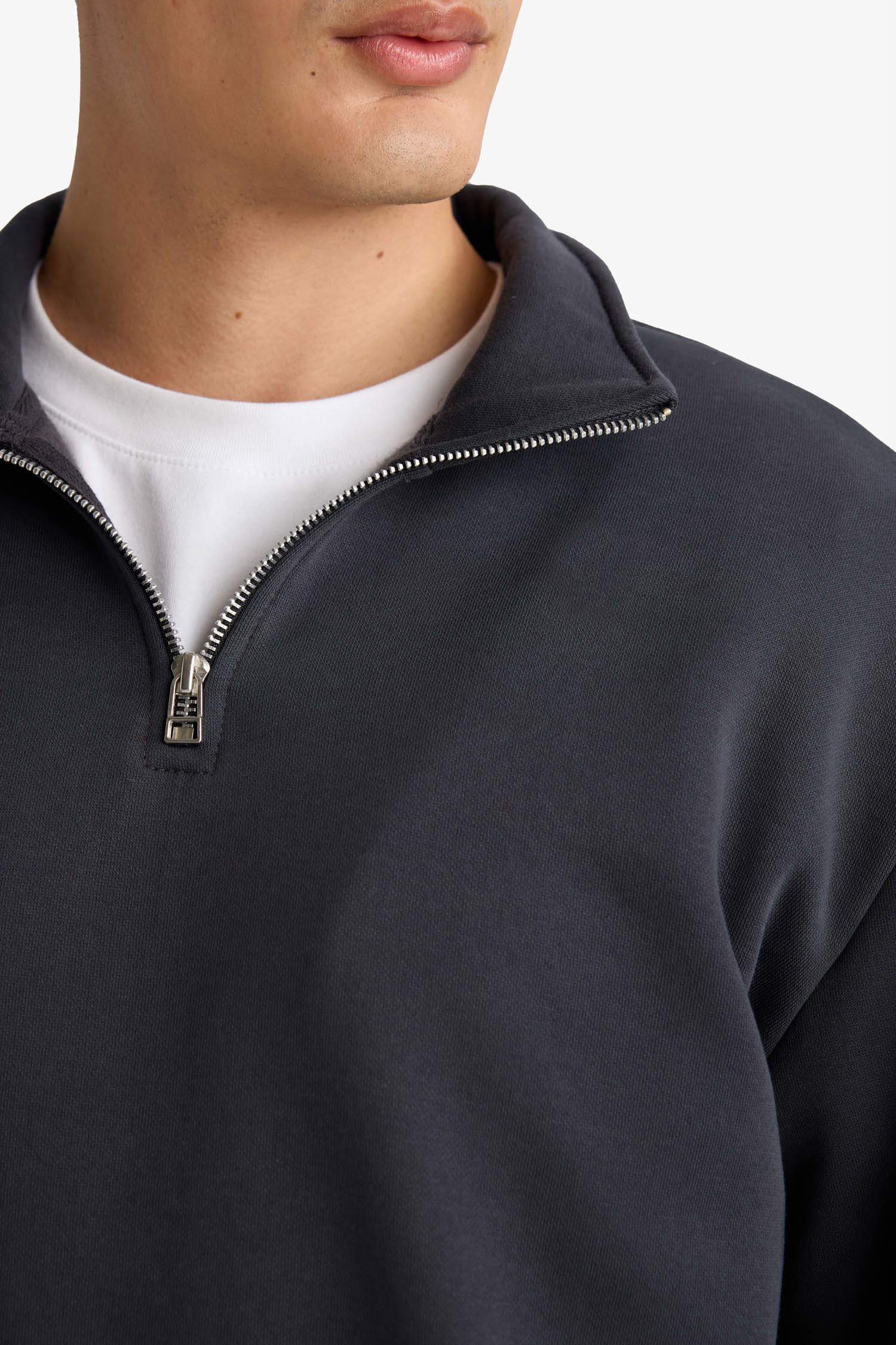 Comfort Regular Fit Rahat Kalıp Fermuarlı Dik Yaka Basic Düz Sweatshirt