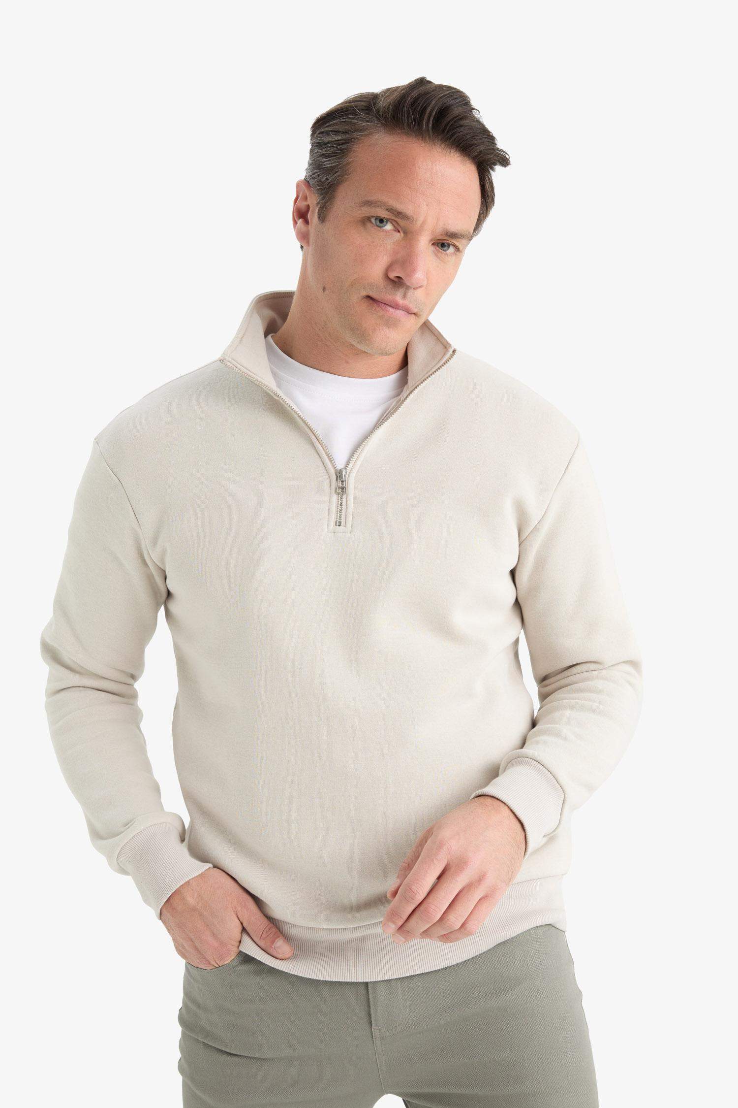 Regular Fit Dik Yaka Yarım Fermuarlı İçi Yumuşak Tüylü Basic Düz Sweatshirt