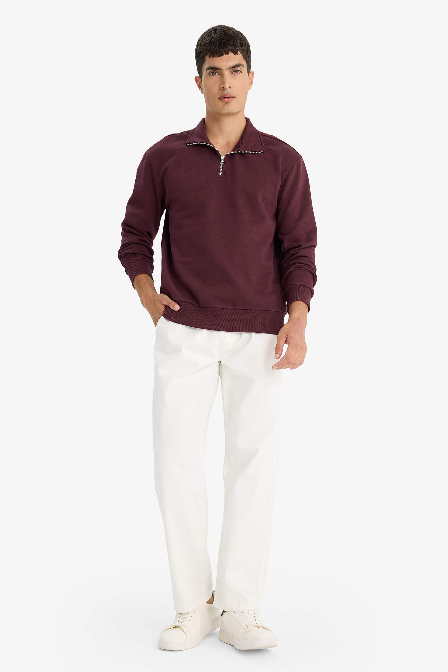 Regular Fit Dik Yaka Yarım Fermuarlı Basic Düz Sweatshirt