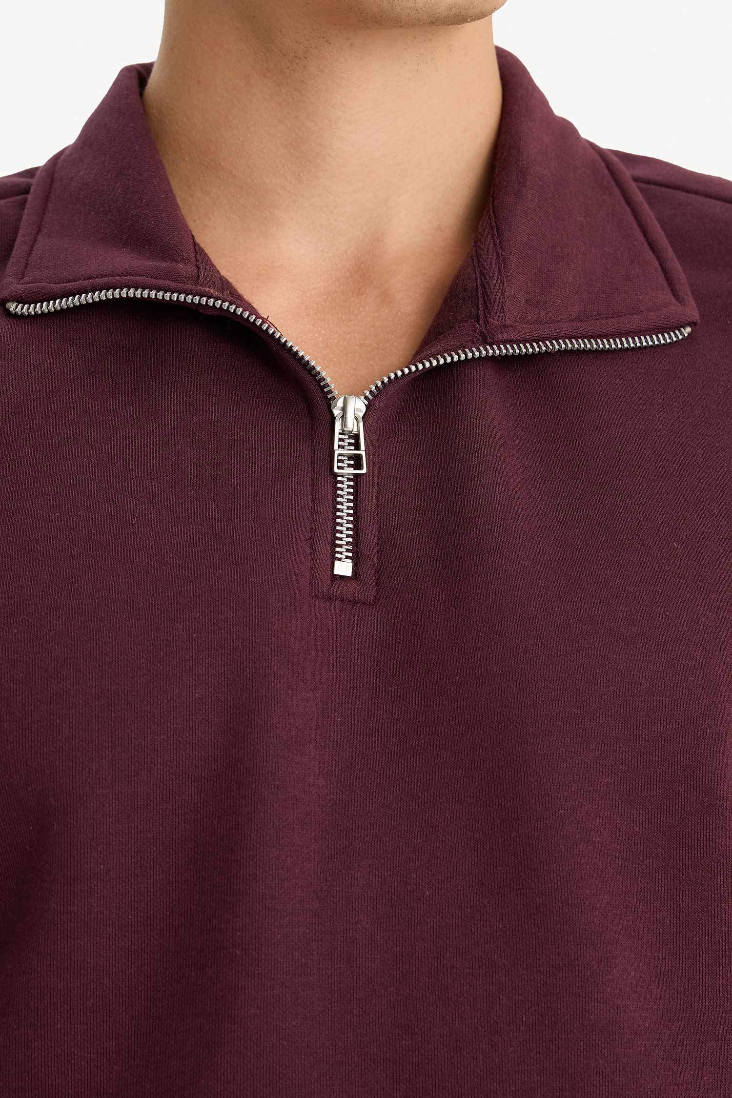 Regular Fit Dik Yaka Yarım Fermuarlı Basic Düz Sweatshirt