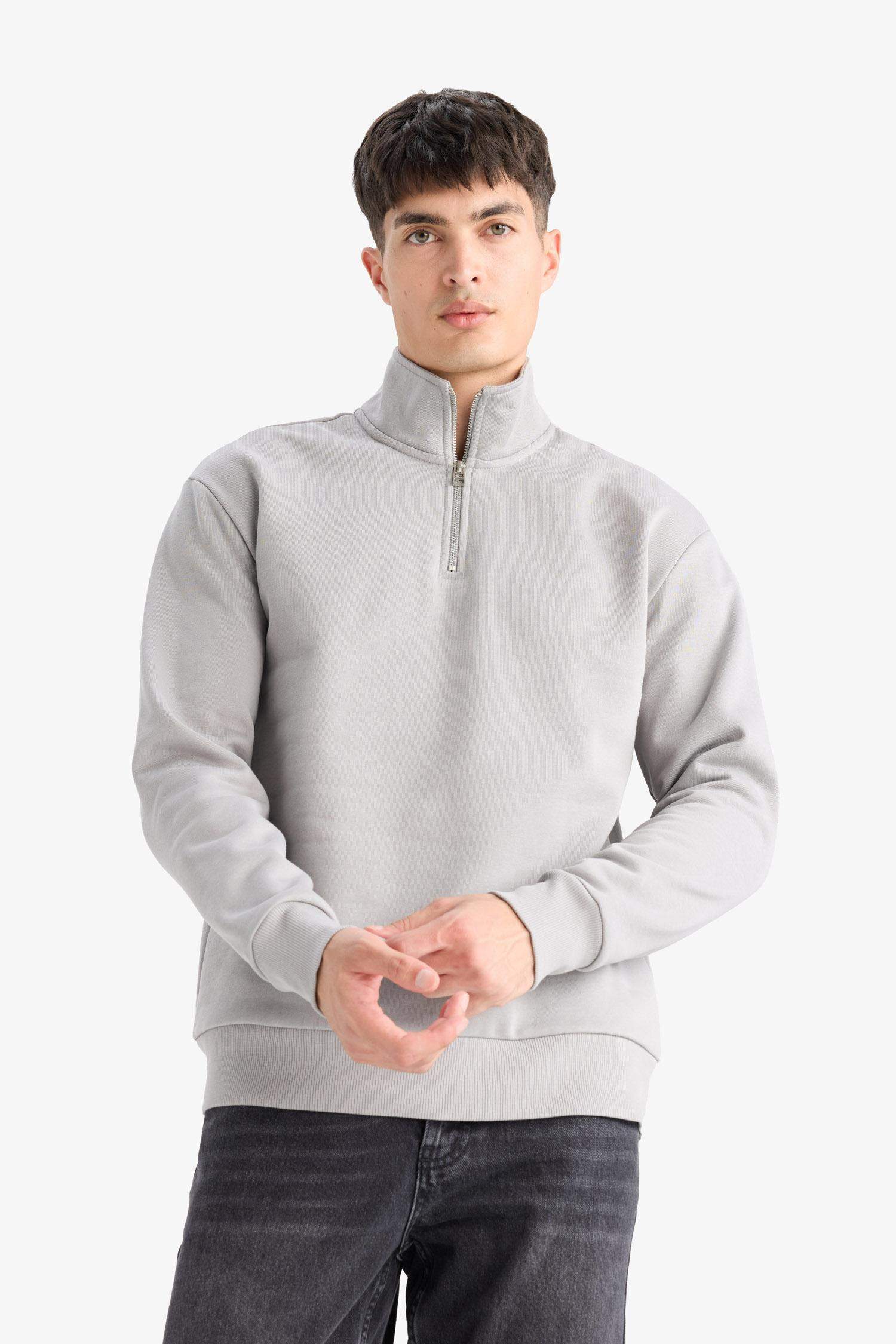 Regular Fit Half Zip High Neck Basic Sweatshirt