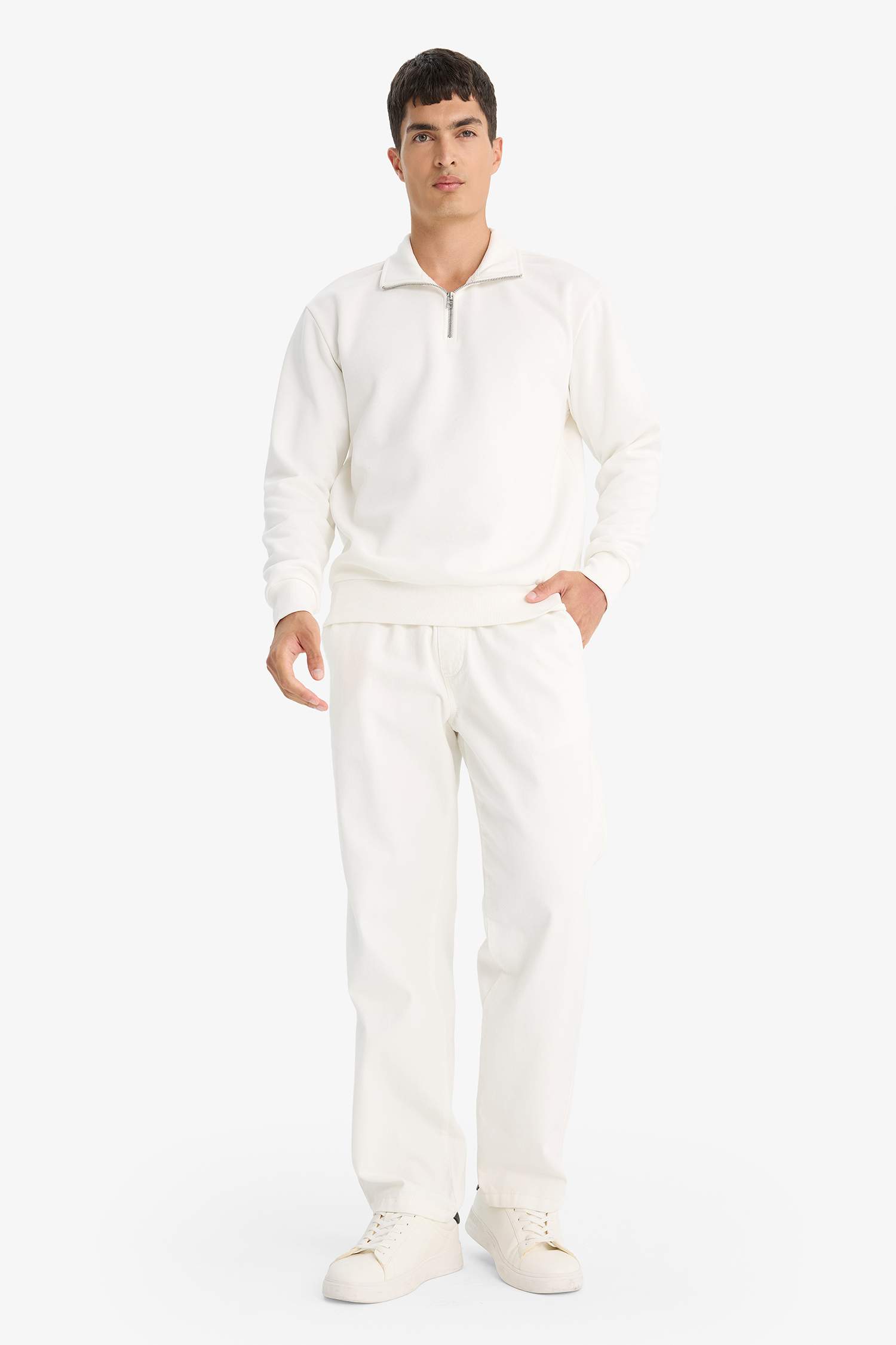 Regular Fit Dik Yaka Yarım Fermuarlı Basic Düz Sweatshirt