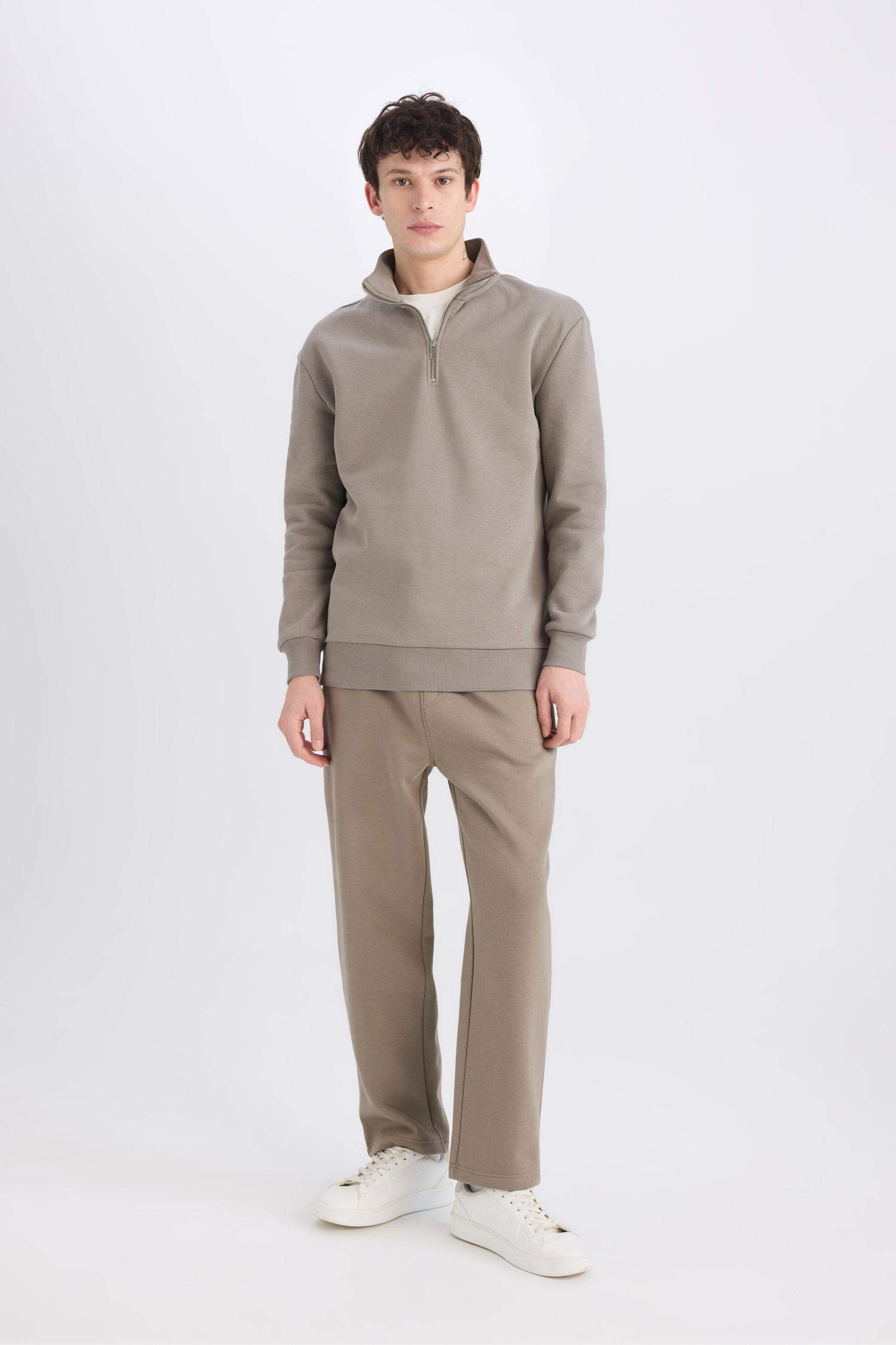 Comfort Regular Fit Rahat Kalıp Fermuarlı Dik Yaka Basic Düz Sweatshirt