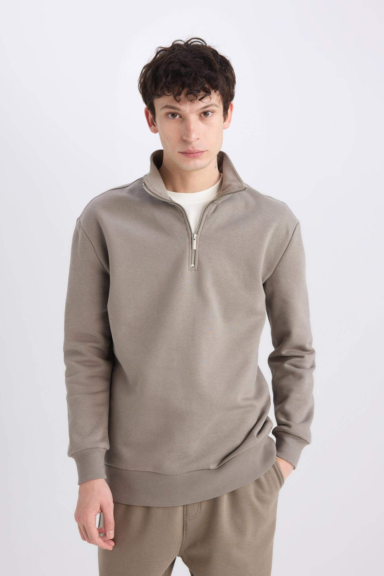 Comfort Regular Fit Rahat Kalıp Fermuarlı Dik Yaka Basic Düz Sweatshirt