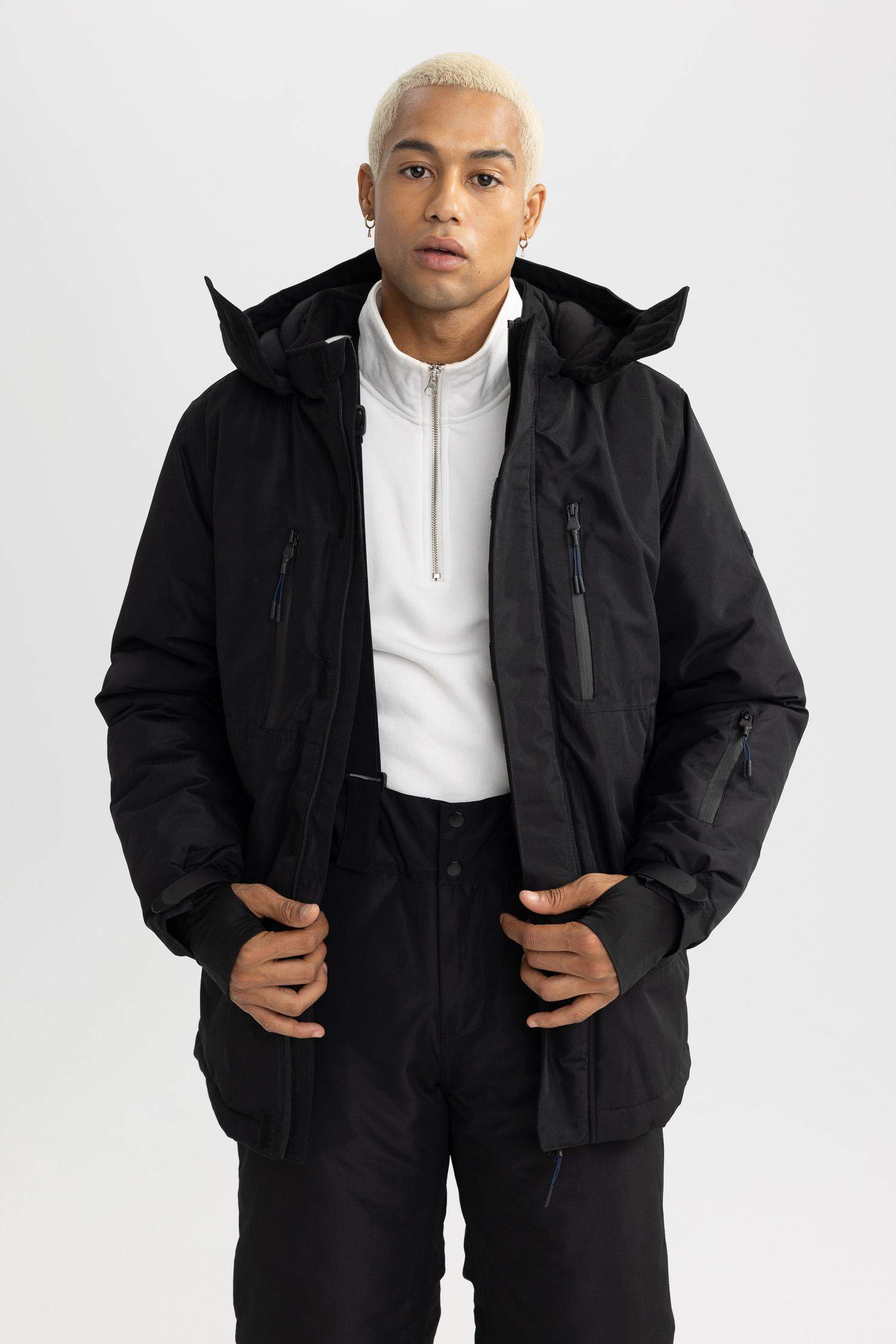 Su İtici Kapüşonlu Polar Astarlı Fermuarlı Cepli Kayak Montu