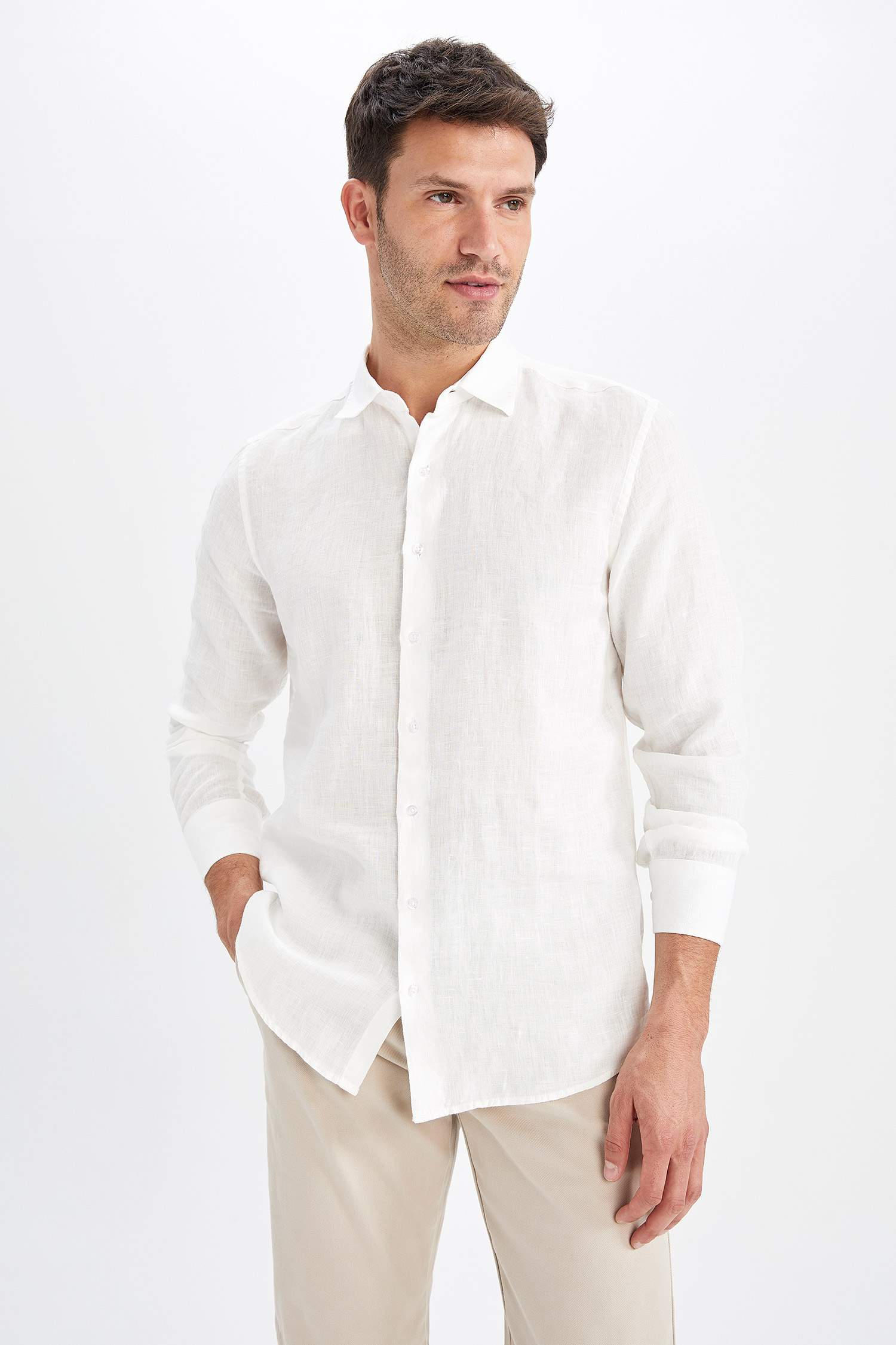 %100 Keten Modern Fit Uzun Kollu Klasik Gömlek