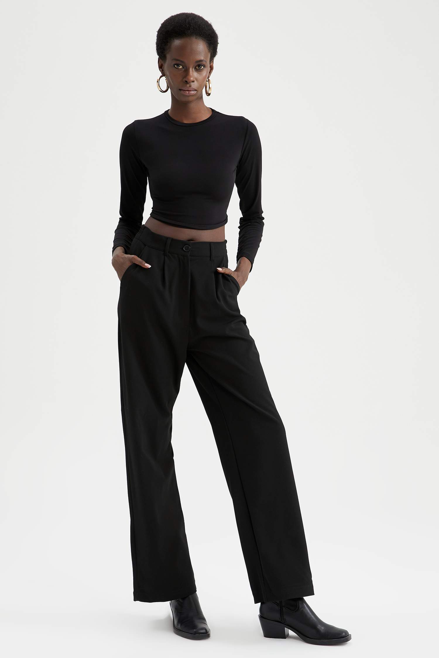 Black WOMEN Slim Fit Crew Neck Long Sleeve TShirt 2486068 DeFacto