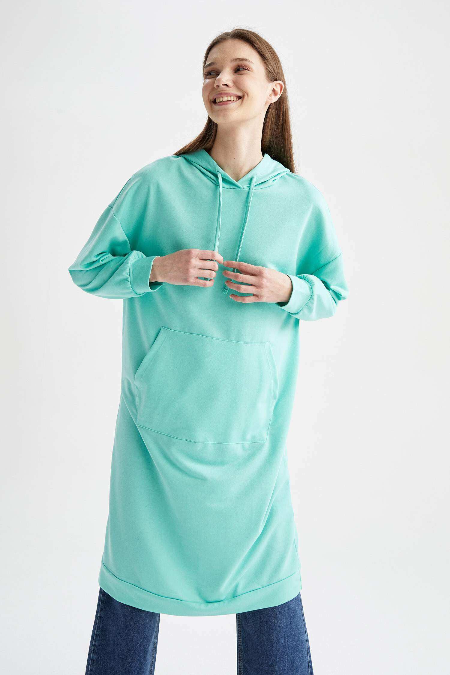 Turquoise WOMAN Oversize Fit Hooded Kangaroo Pocket Sweatshirt